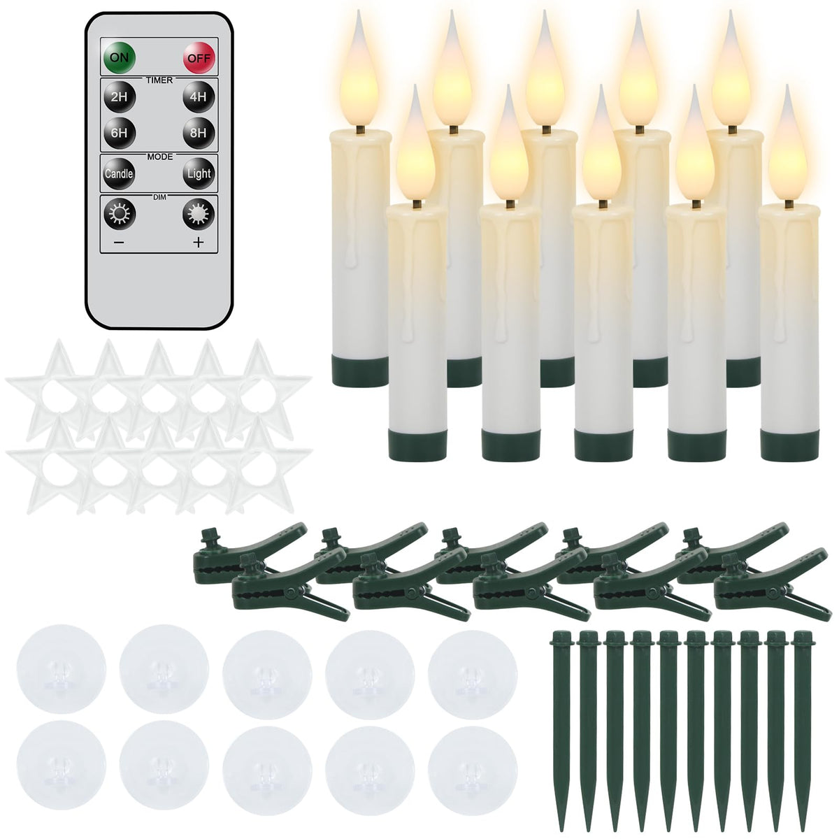 Dromance Christmas Tree Flameless Taper Candle Lights Battery Operated With 10-Key Remote And Timer, 10 Pack Plastic 3D Wick Fli
