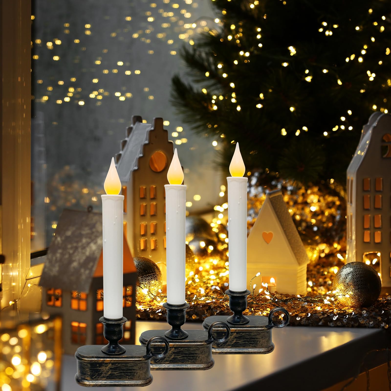 Set Of 4 Battery Operated Led Window Candles, Dusk To Dawn Light Sensor, Flicker Flame Bronze Base, 10 Inch Flameless Taper Cand