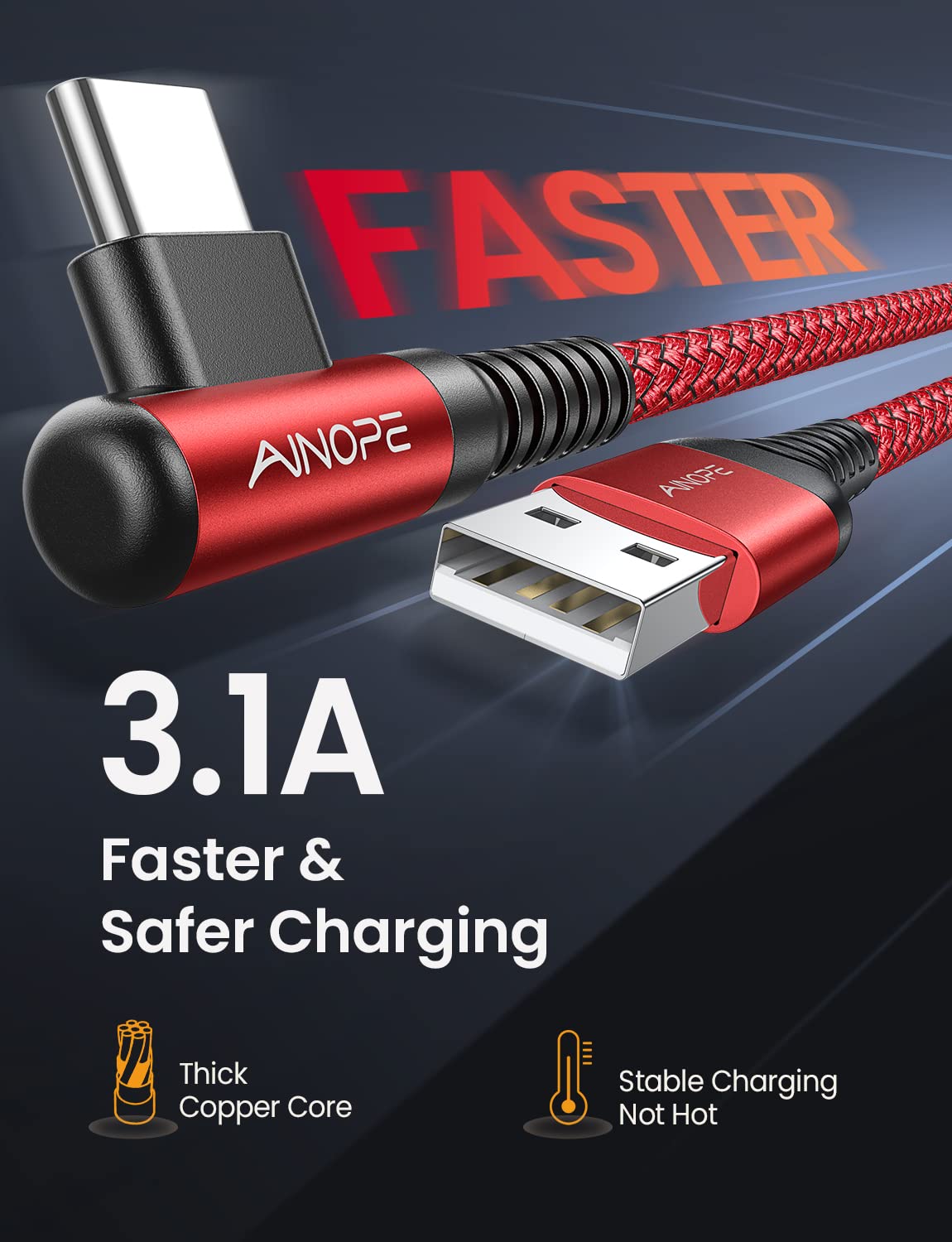 Ainope Usb C To Usb Cable [4 Pack 10/6.6/3.3/3.3Ft] 3.1A Usb Fast Charge Cable Right Angle, Resistant Nylon Braided Usb C Chargi