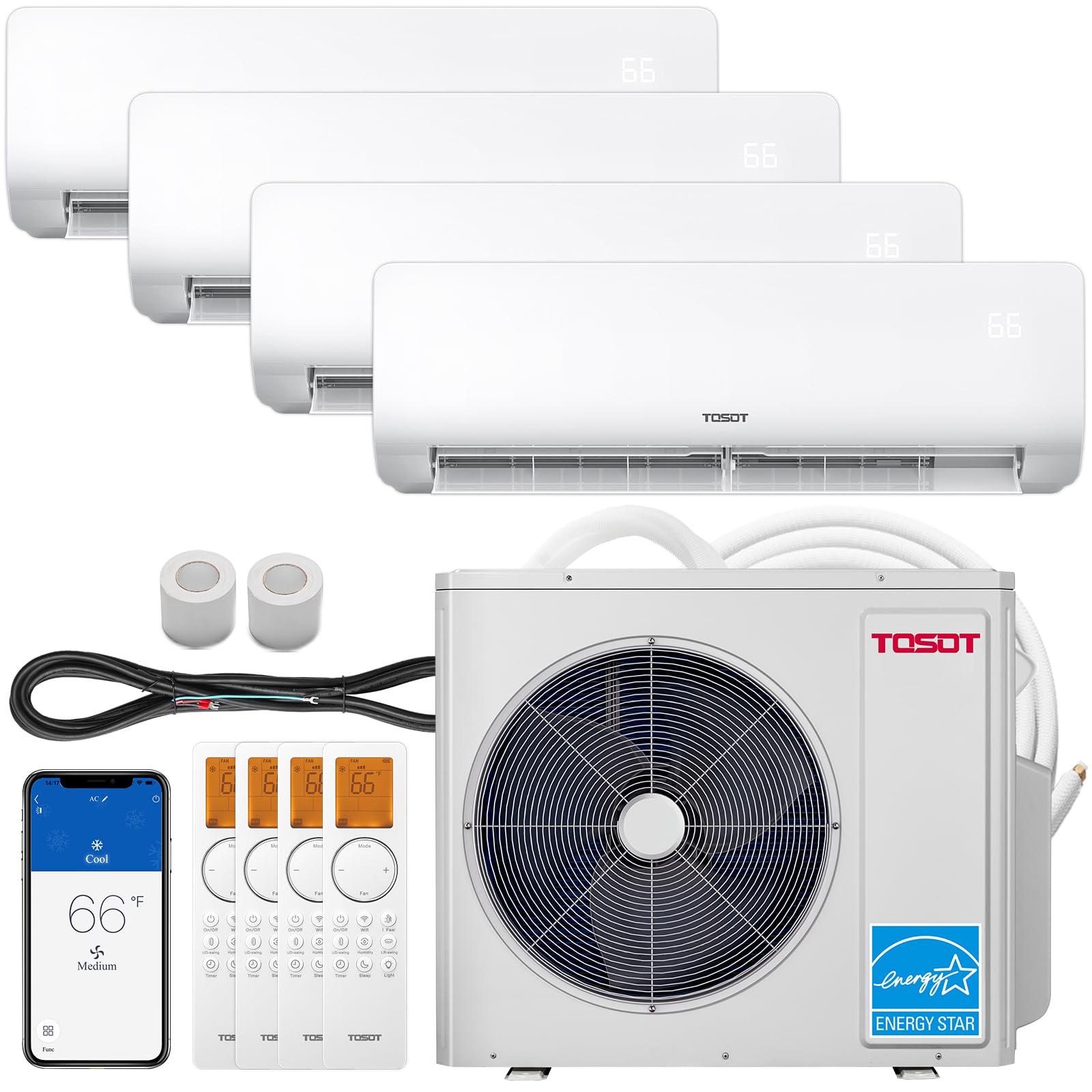 TOSOT 36,000BTU Quad 4 Zone Mini Split AC with Heat Pump, 21SEER2, 230V, Wifi-Enabled Ductless Inverter Split System with 16ft C