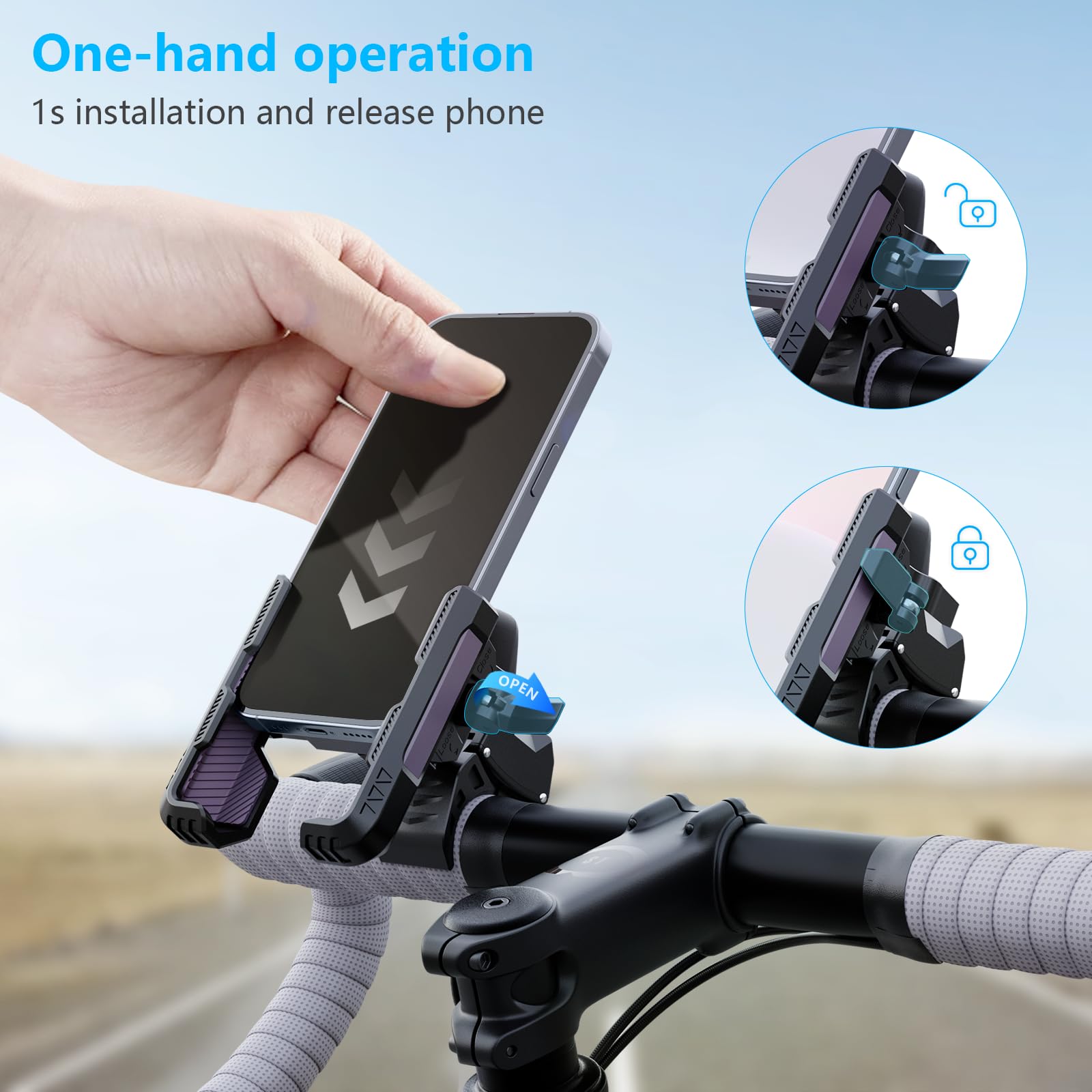 Eowihor Motorcycle Phone Mount Holder, 2025 New Bike Phone Holder, 360 Rotation Bicycle Scooter Phone Clip, Universal Phone Moun