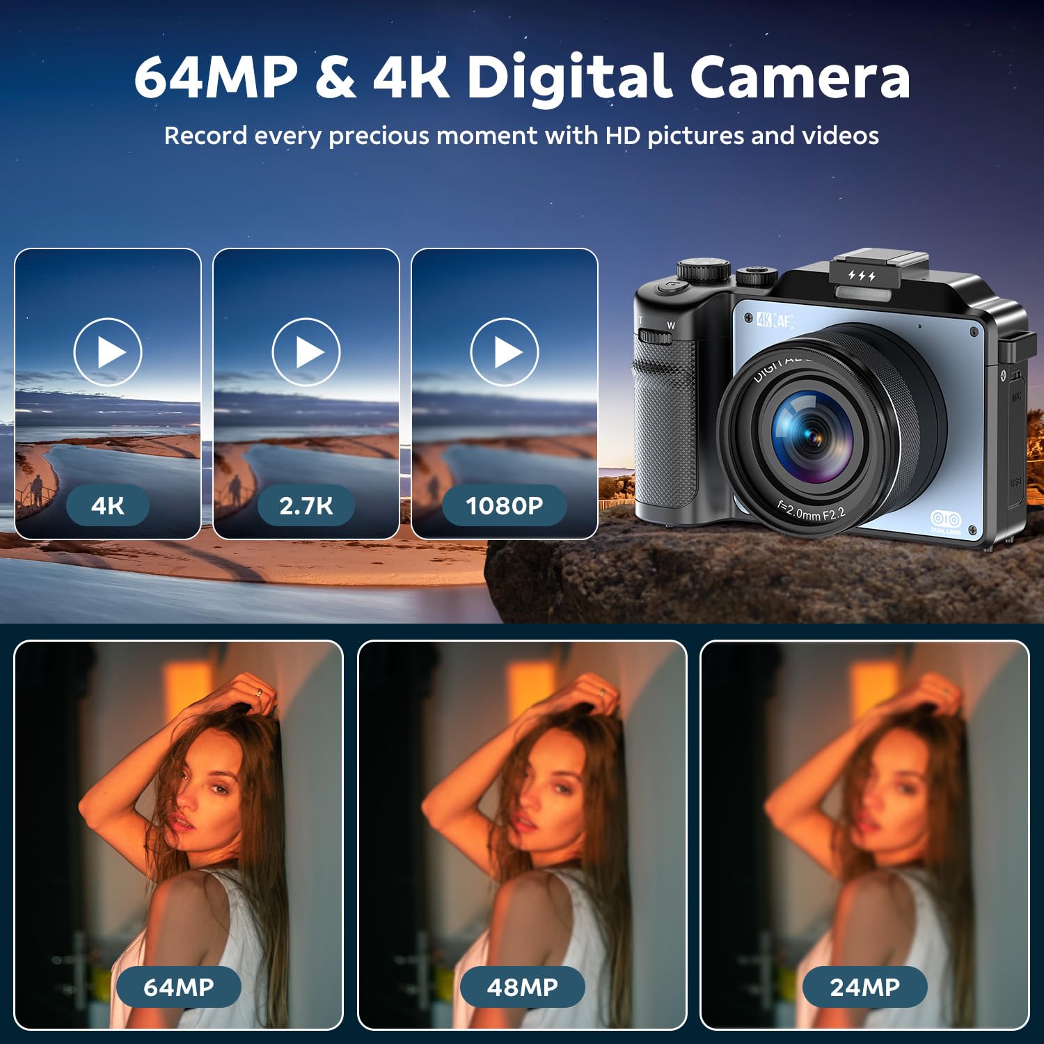 4K Digital Camera, Autofocus 64Mp Vlogging Camera For Youtube With 3.0'' Screen Dual Cameras Flash 18X Digital Zoom Compact Trav