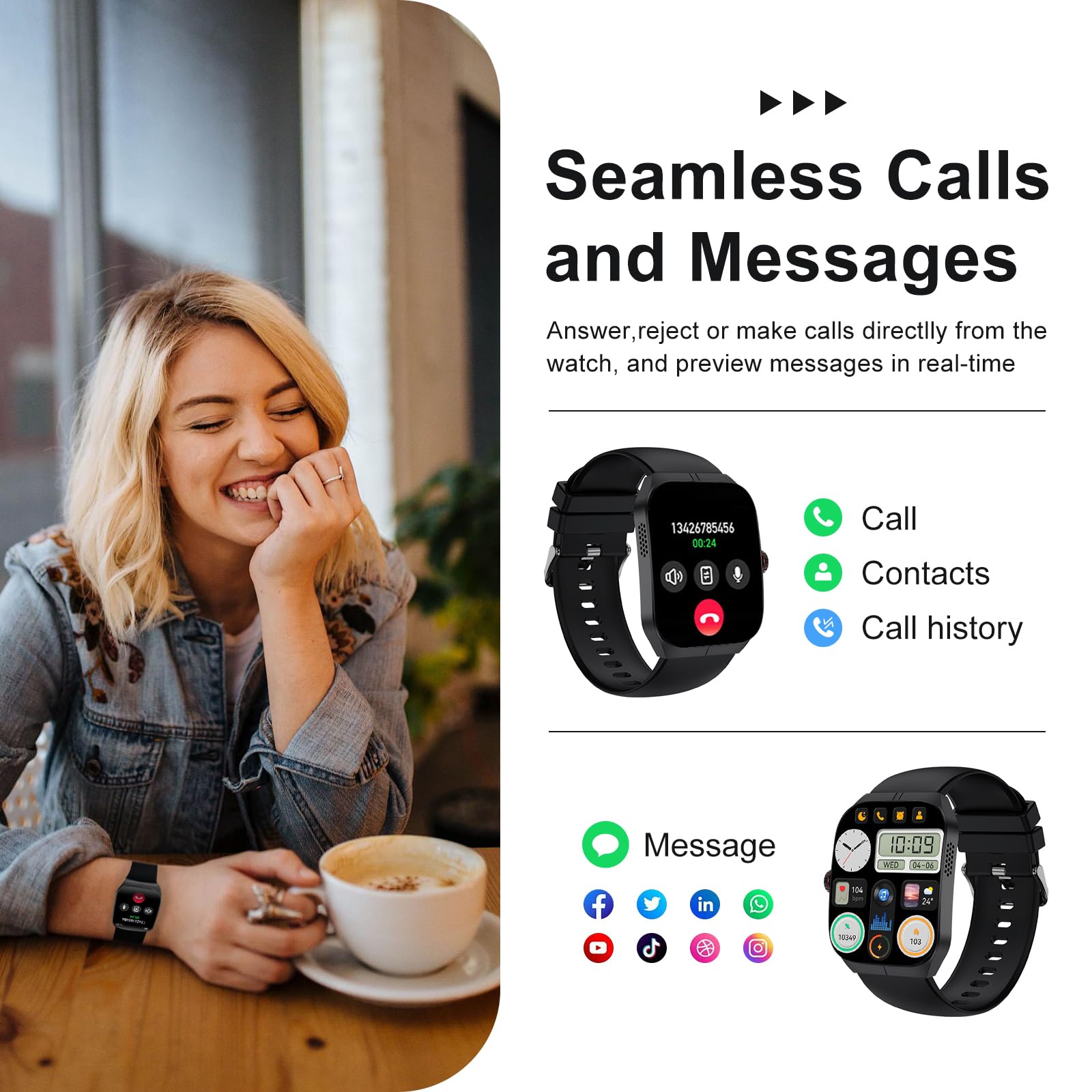 Aisenflixs Curved Screen Smart Watch, Sport Fitness Tracker, Call Message Notification, Health Monitoring, For Android Ios