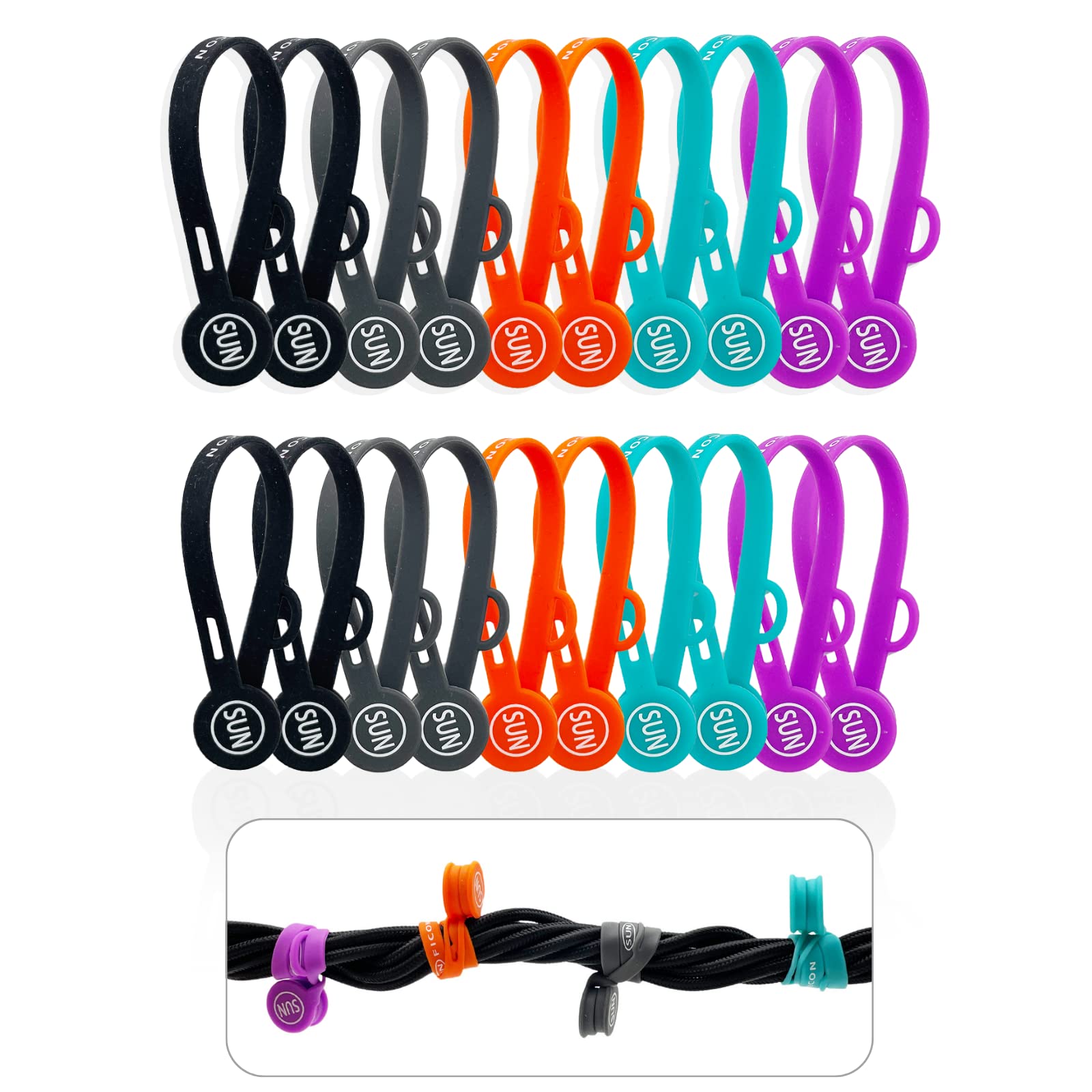 Sunficon 2023 New Magnetic Cord Organizers Cable Clips 20 Pcs Upgraded Long Cable Straps Silicone Twist Ties Colorful Appliance Headphone Cord Holder Manager Bookmark Whiteboard Fridge Magnet Keychain