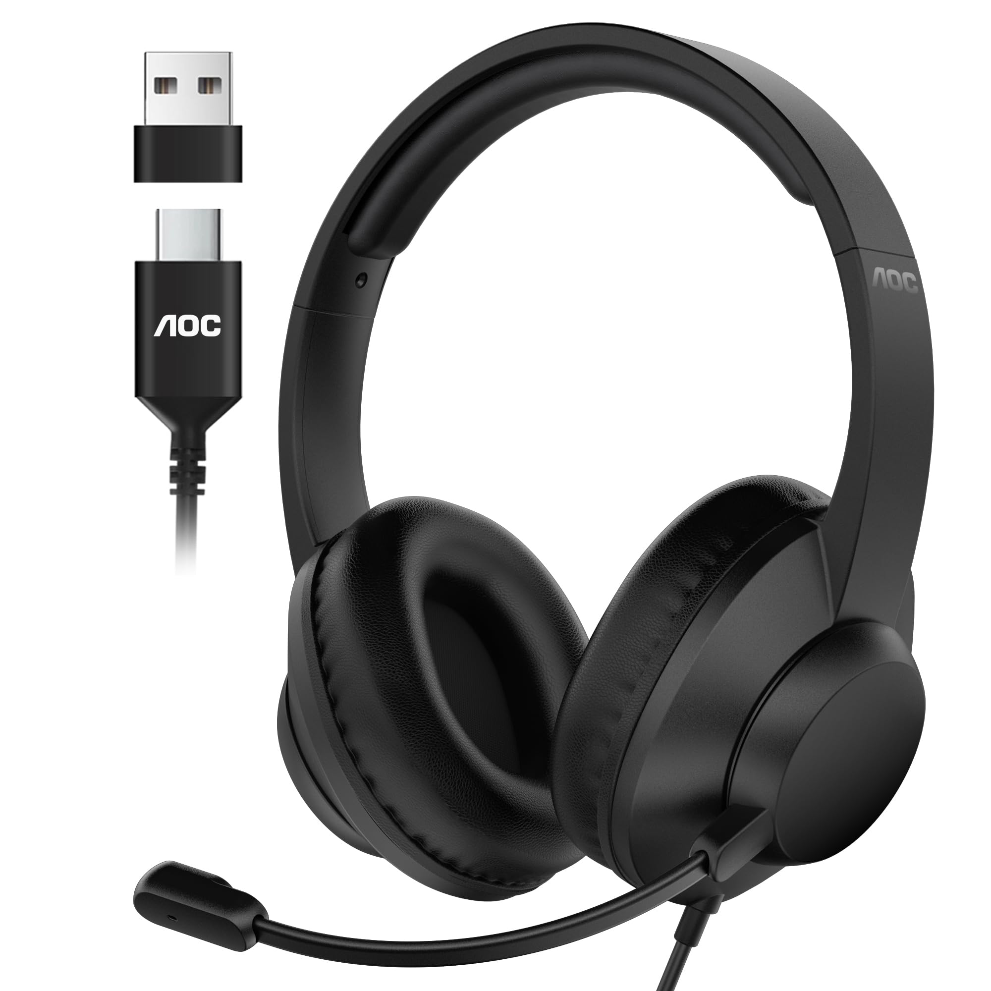 AOC USB Headset with Microphone for PC, Over-Ear Wired Headphones with Mic, Noise-Cancelling Boom, 40mm Audio Drivers, USB-A/C C