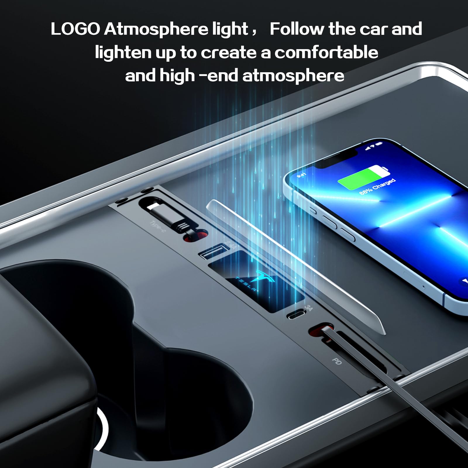 Car Usb Charger Multi Port For 2021 2022 2023 2024 Tesla Model 3/Y,Multifunctional Tesla Accessories With Logo And Retractable C