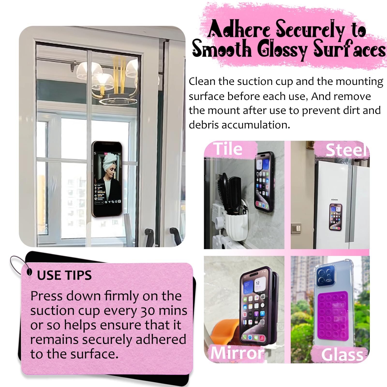 Pkyaa Silicone Suction Phone Case Mount, Silicon Adhesive Phone Accessory For Smartphones, Hands-Free Mirror Shower Phone Holder