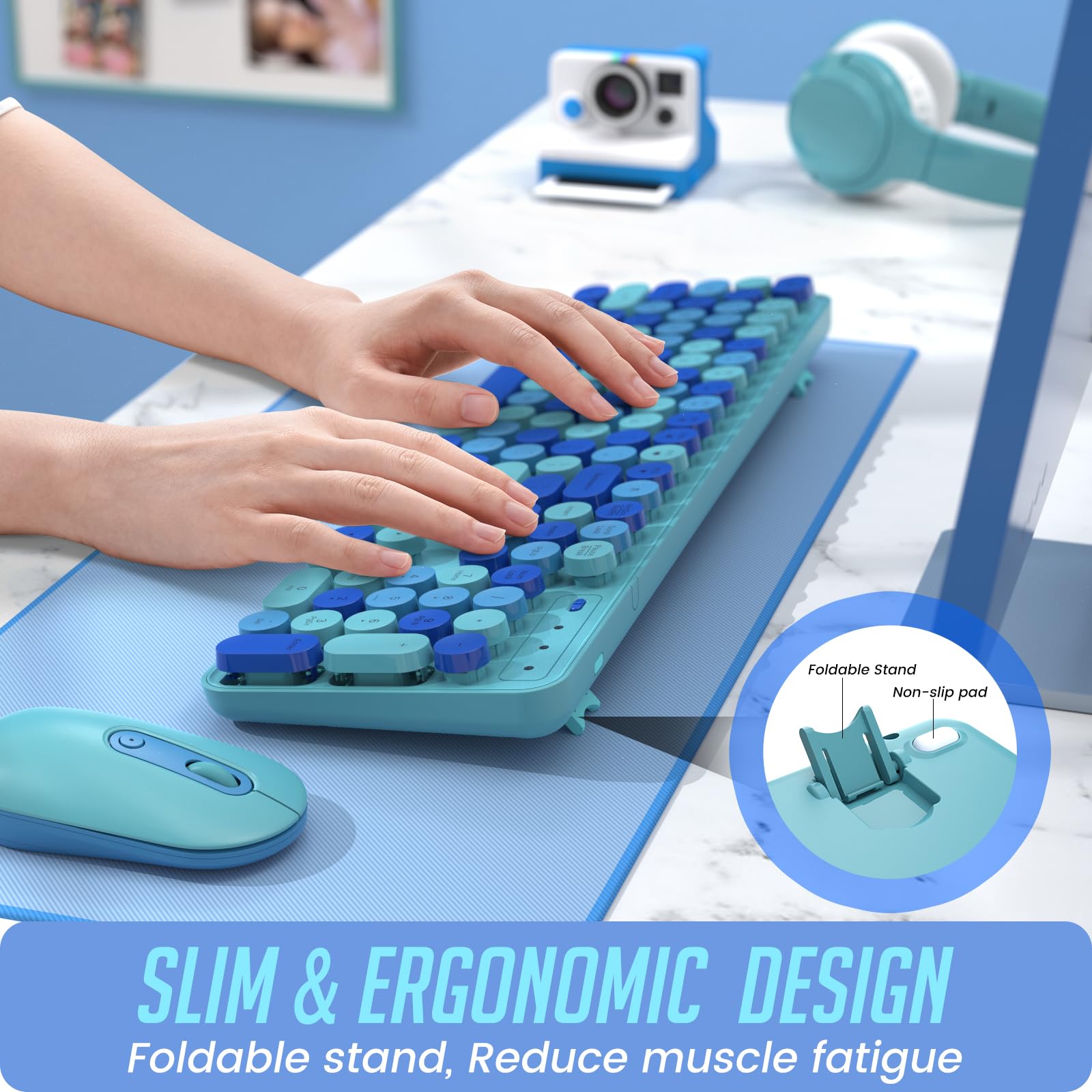 Wireless Keyboard And Mouse, Lizrrot Silent Keyboard Mouse Combo, Full Sized Colorful Typewriter Keyboard With Round Keycaps, 2.