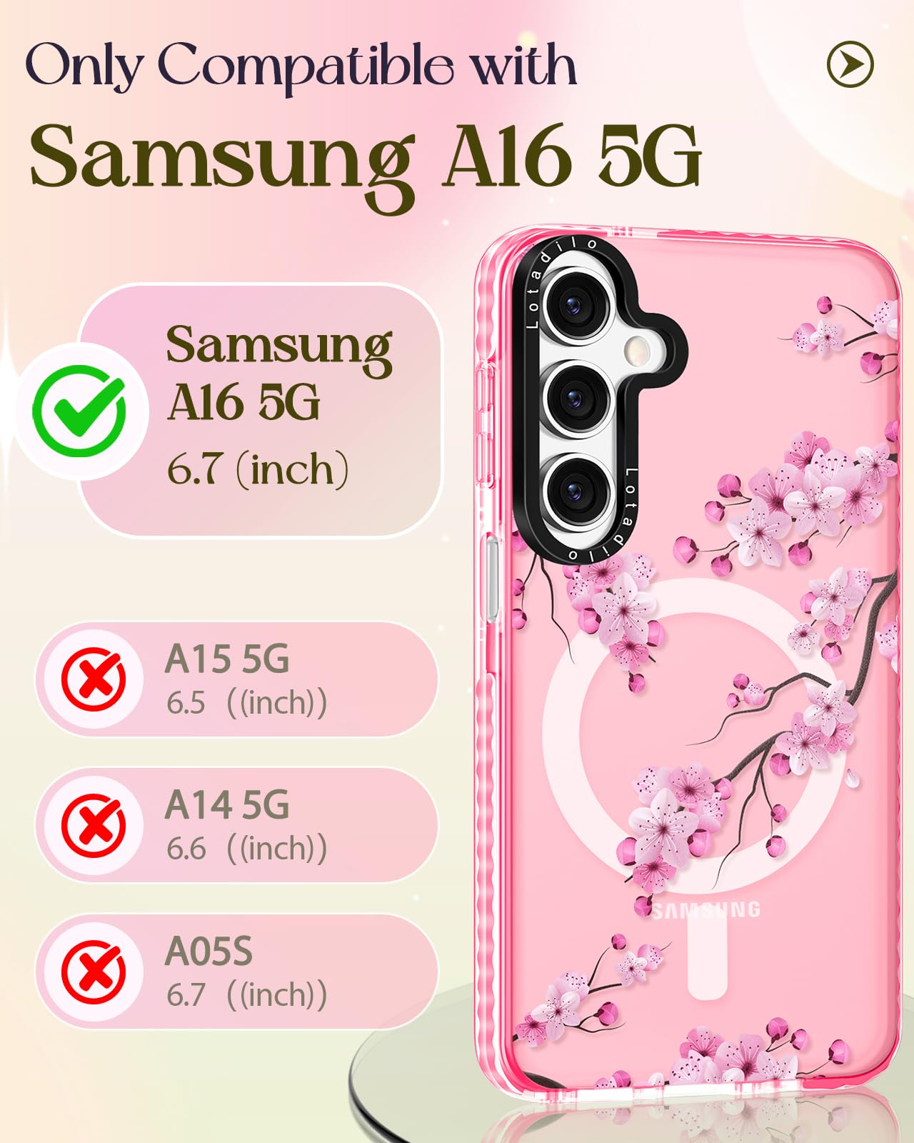 Lotadilo Cute Case For Samsung Galaxy A16 For Women Girls - Funny Peach Blossom Design Compatible With Magsafe Magnetic Ring Hol