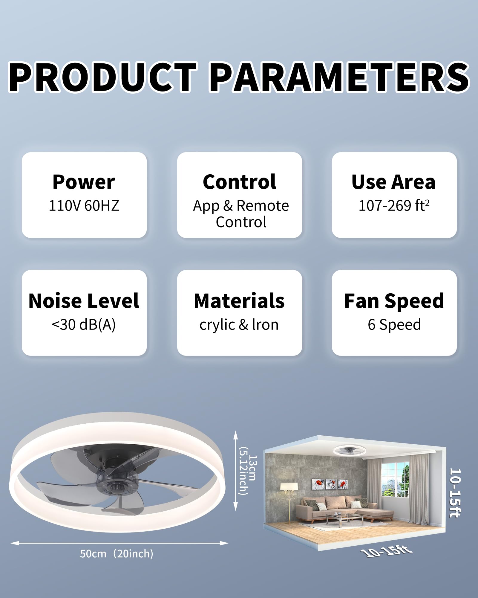 Aomohk Low Profile Ceiling Fans With Lights And Remote, 20'' White Flush Mount Ceiling Fan With Light, 3000K 6500K Dimmable Blad