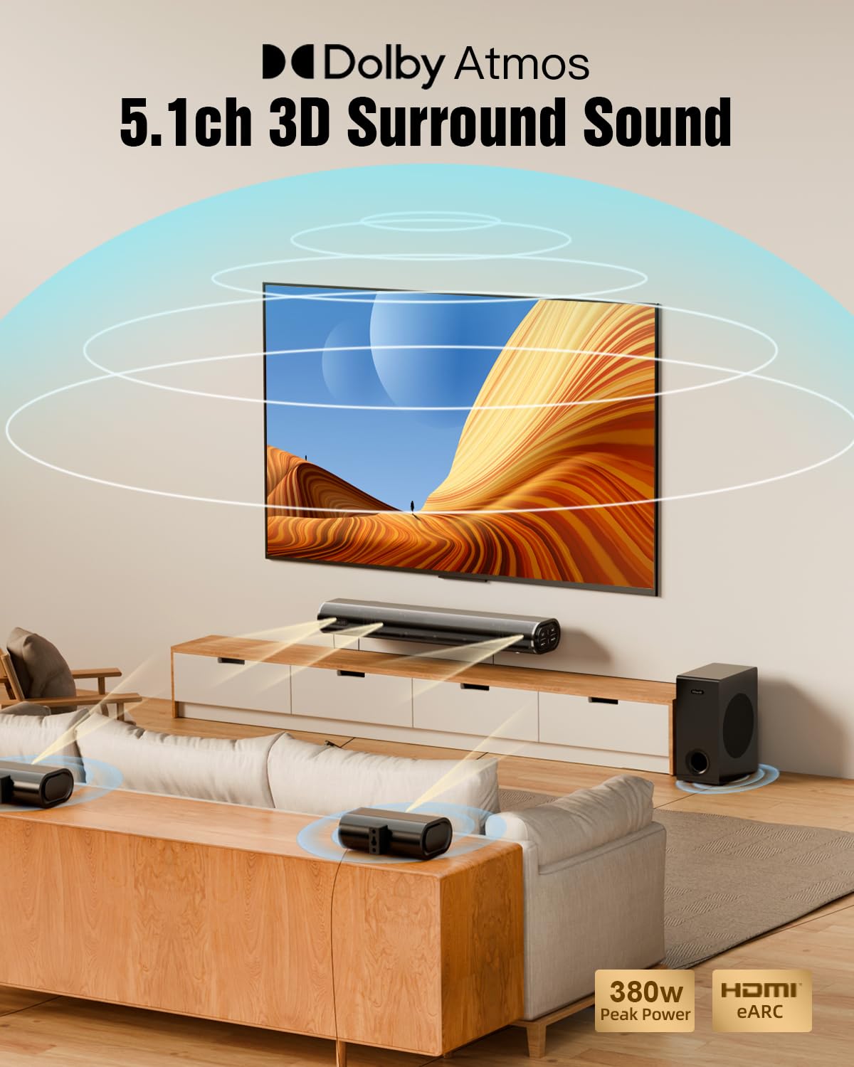 Hiwill 5.1Ch Soundbar, W/ 5.25'' Big Subwoofer Dolby Atmos Surround System, 2 Wired Rear Speakers Sound Bar For Small Rooms, Cle