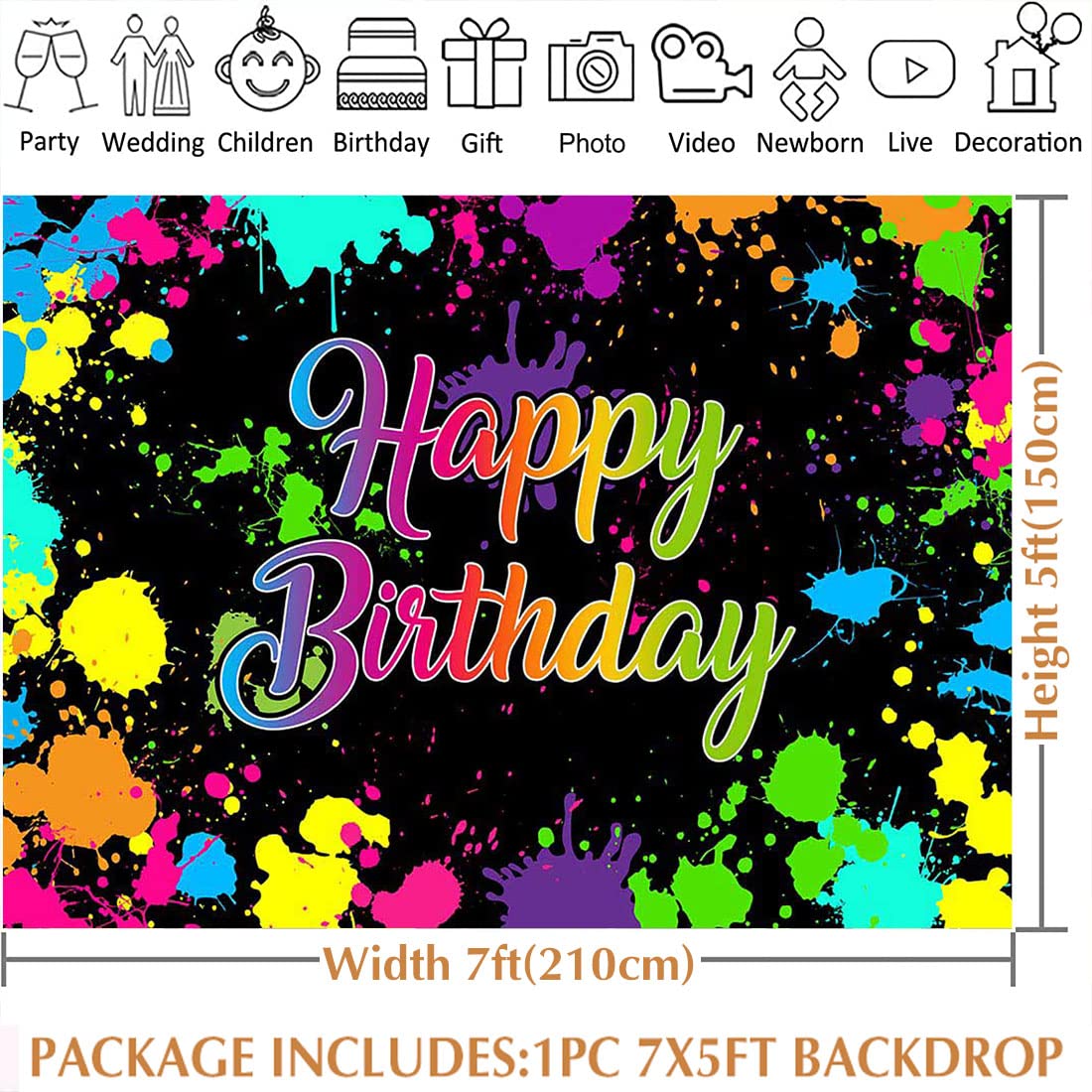Avezano Glow Neon Birthday Backdrops Glow In The Dark Happy Birthday Party Background Decorations Colorful Graffiti Splash Paint