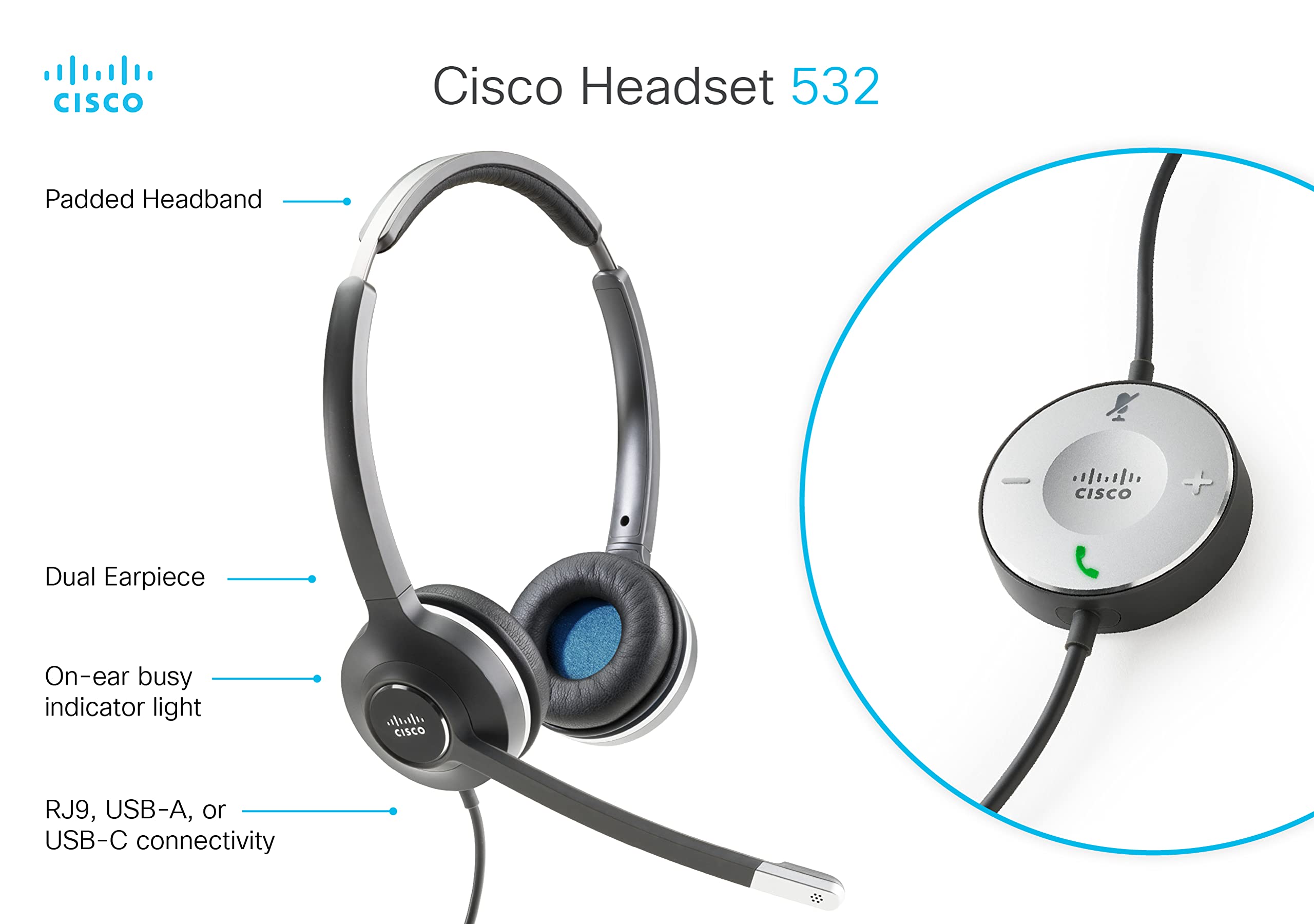 Cisco Headset 532, Wired Dual On Ear Quick Disconnect Headset With Usb C Adapter, Charcoal, 2 Year Limited Liability Warranty (C
