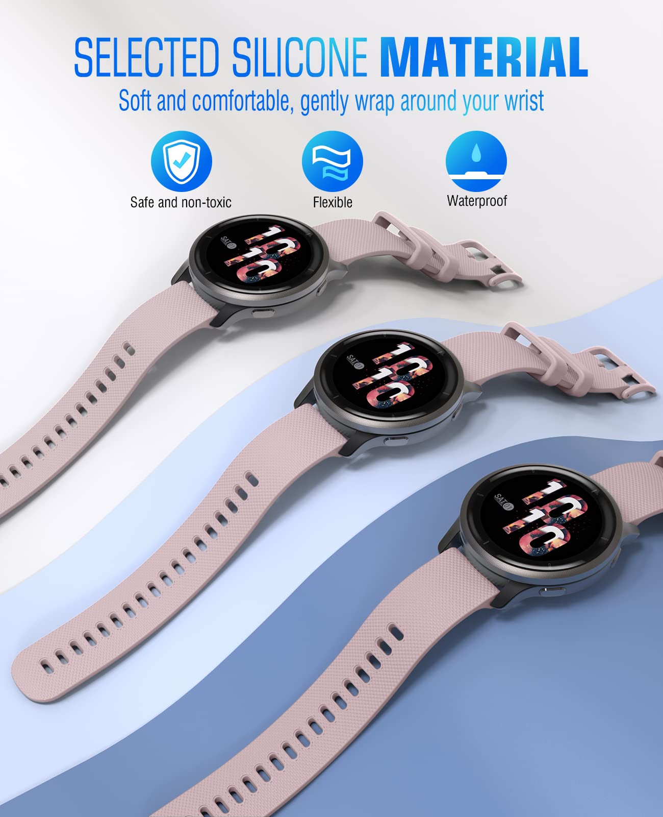 MoKo Watch Band Compatible with Garmin Forerunner 265S/255S/255S Music/Vivoactive 4S/Venu 3S/Venu 2S/Vivomove 3S Smartwatch, 18MM Soft Silicone Adjustable Replacement Strap, Rose Pink