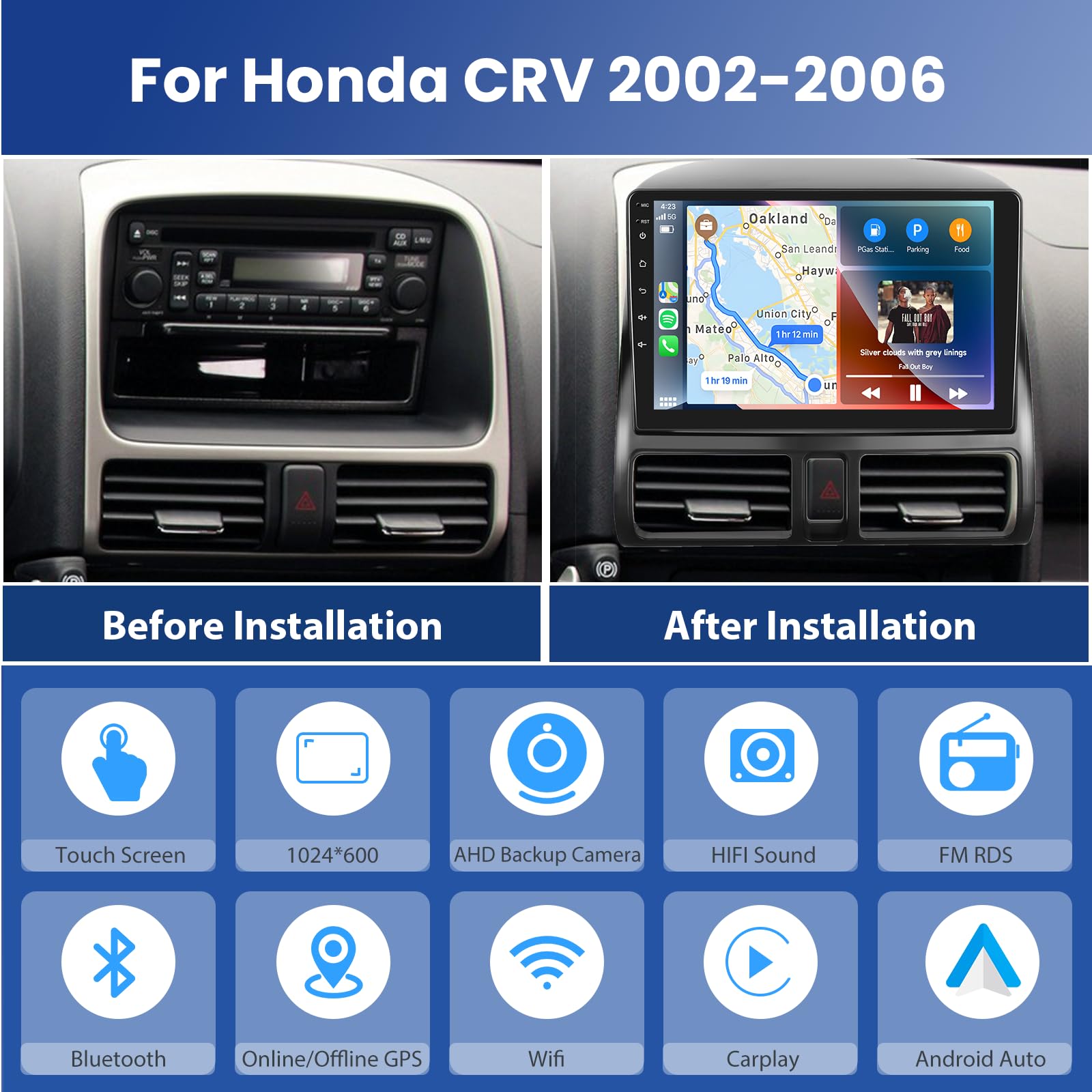 For Honda Crv 2002 2006 Wireless Carplay/Android Auto Android Car Stereo With 9' Touchscreen Autoradio Support Mirror Link Gps Navigation Wifi Backup Camera Multimedia Player Headunit