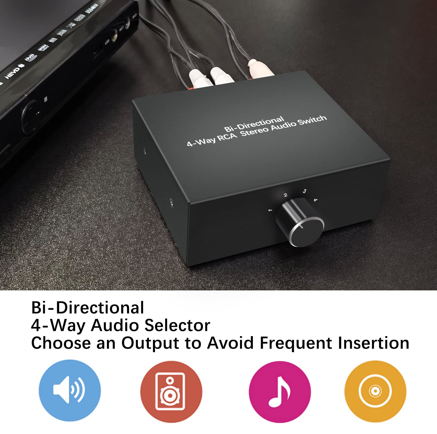 Dingsun Bi Directional 4 Way Rca Stereo Audio Switch Dignsun Audio Signal Source Switcher Selector Splitter Box For Cd, Dvd, Blu