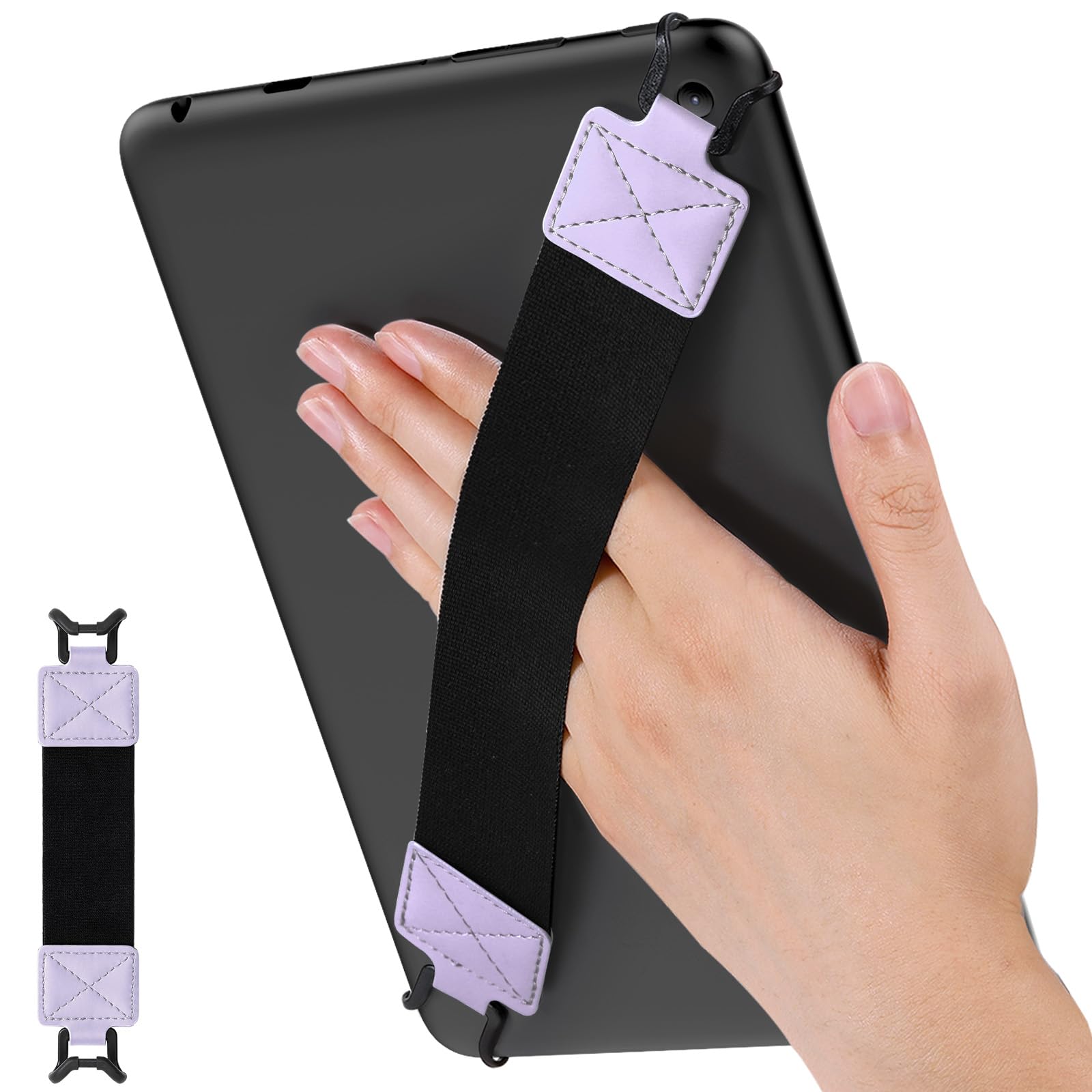 MoKo Security Hand Strap for 9 11 Inch Tablet, iPad/iPad Pro/iPad Air/Kindle Fire HD/Samsung, High Elasticity Versatile Hand Strap Lightweight Finger Grip Holder, Black Belt, Taro Purple