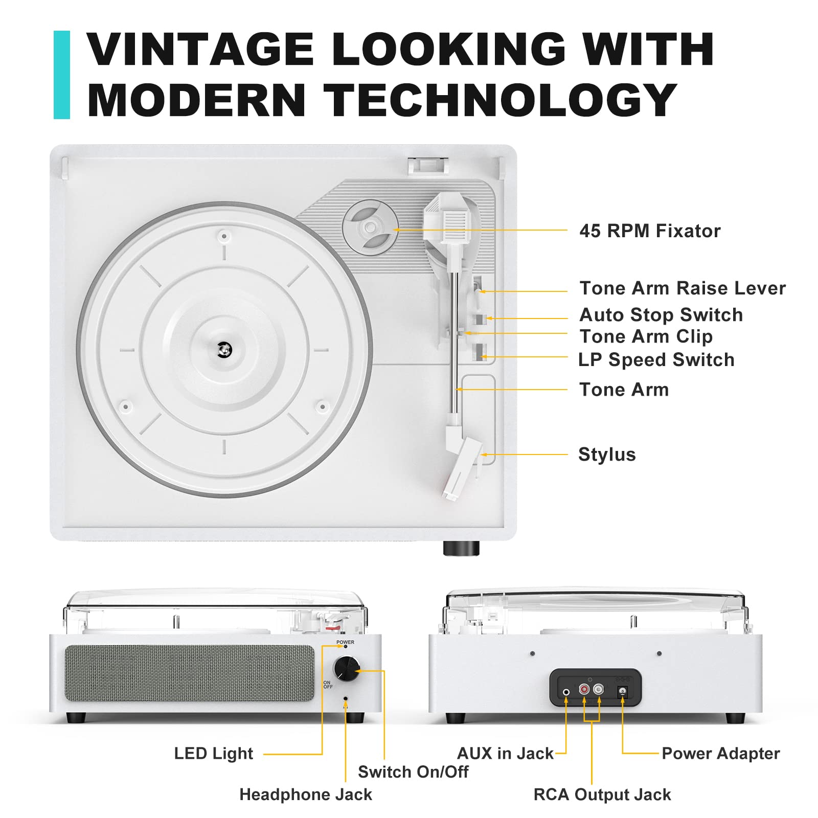 Wockoder Vinyl Record Player With Speakers Turntable For Vinyl Records Belt Driven Turntable Support 3 Speed Wireless Playback H