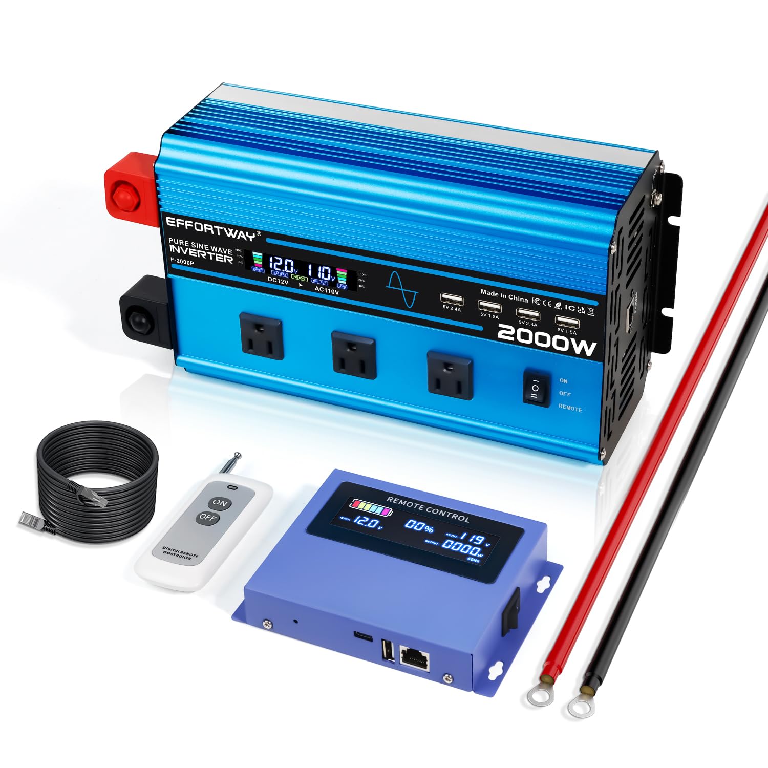 EFFORTWAY 2000W Pure sine Wave Inverter 4000W (Peak) DC 12V to AC 110V/120V Converter with LCD Display Wireless/Wired Remote Con