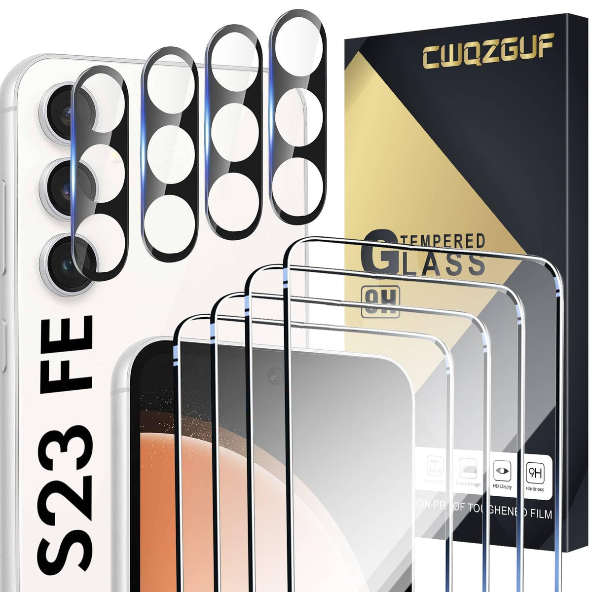Cwqzguf Galaxy S23 Fe Screen Protector [4+4 Pack] Camera Lens Protector, Fingerprint Unlock Support, Hd Tempered Glass, Touch Se