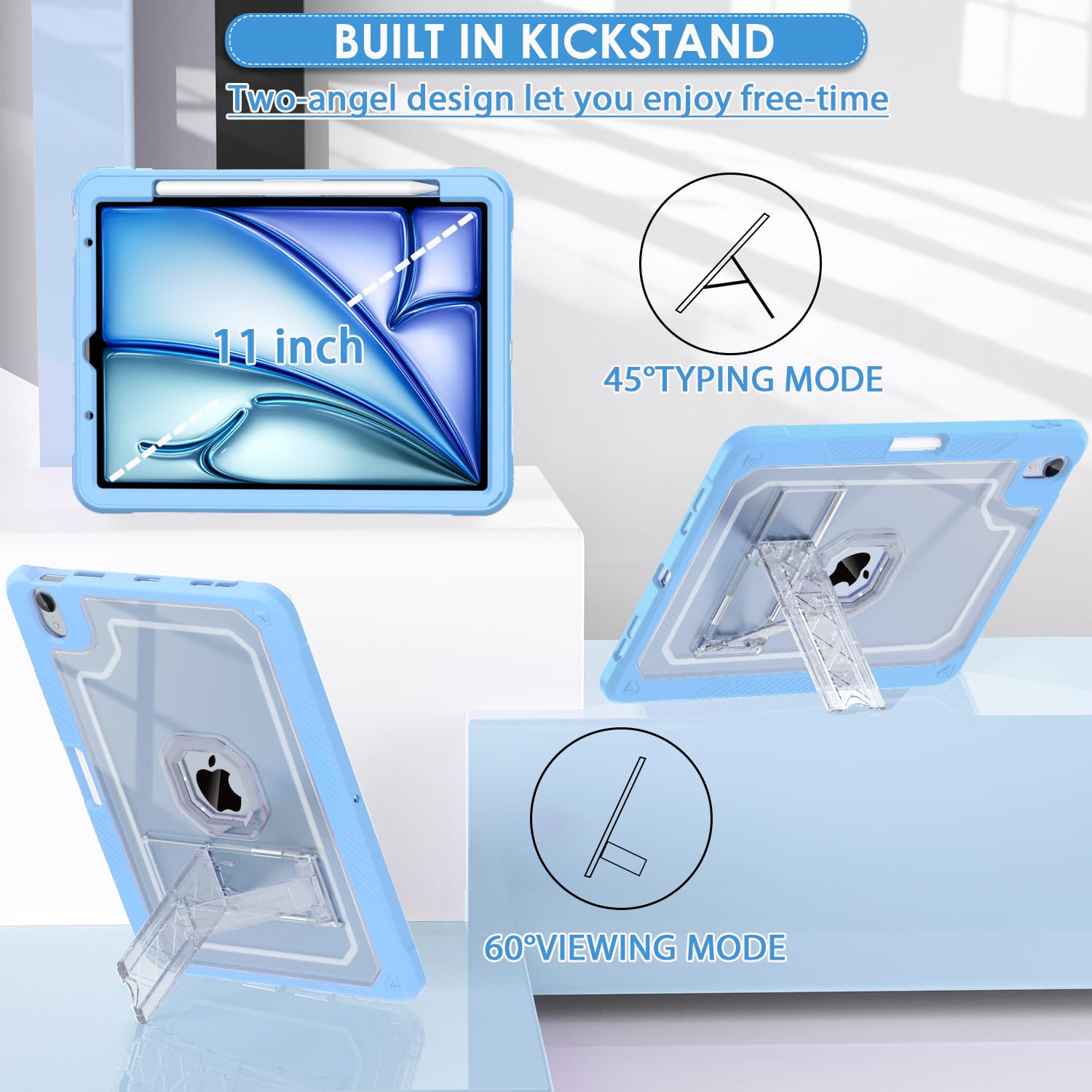 Zonefoker For Ipad Air 6Th 11 Inch M2 Generation Case 2024, Ipad 5Th/4Th 11 Inch 2022/2020, Sky Blue Slim Cover With Pencil Hold