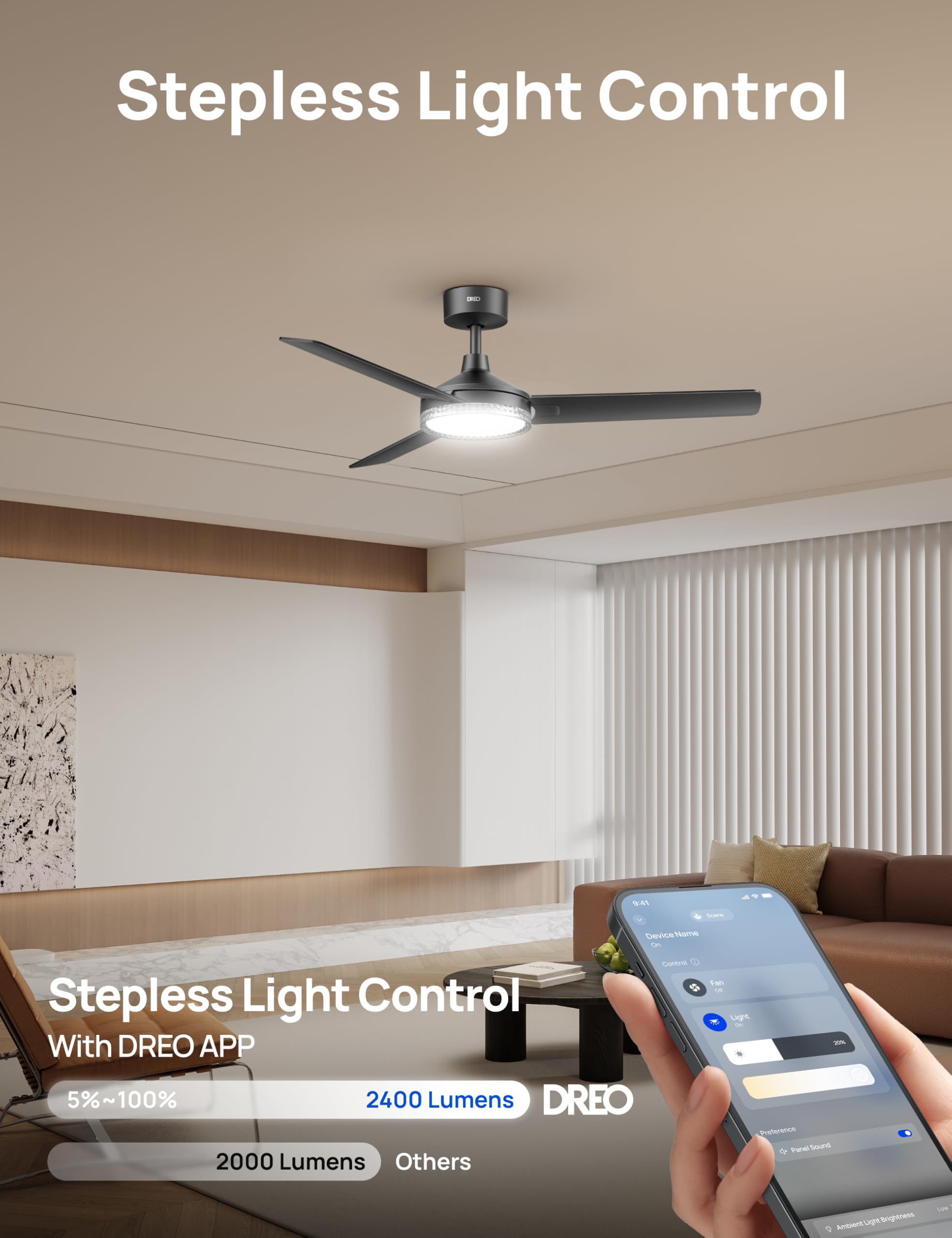 Dreo 52 Inch Smart Black Ceiling Fans With Lights, 12 Speeds & 3 Fan Modes, Stepless Color Tones, Dimmable Led Light, 1-12H Time