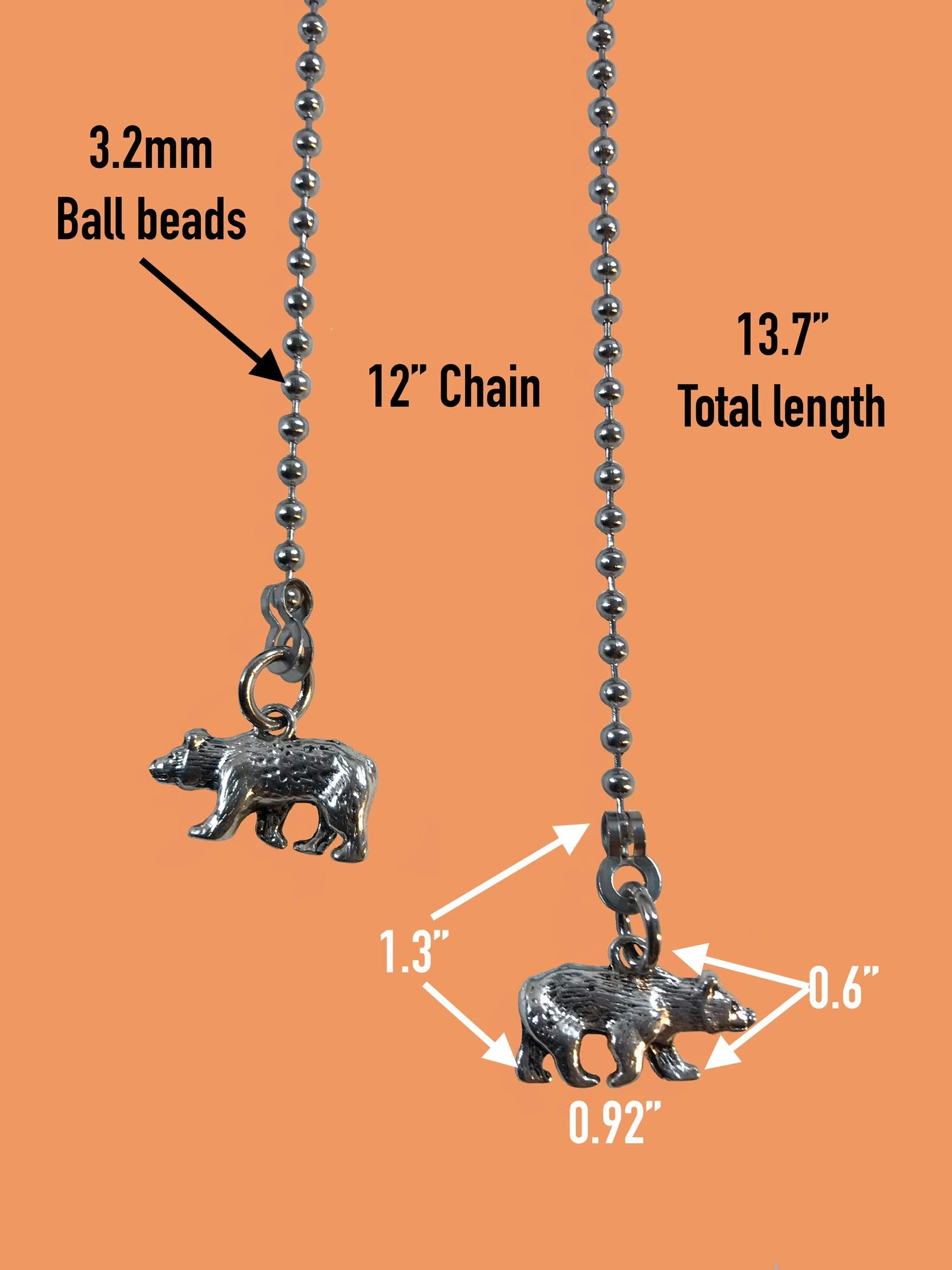 2 Matching Pewter Bear Fan Light Pull Chain Replacement Set Silver Tone 3.2Mm