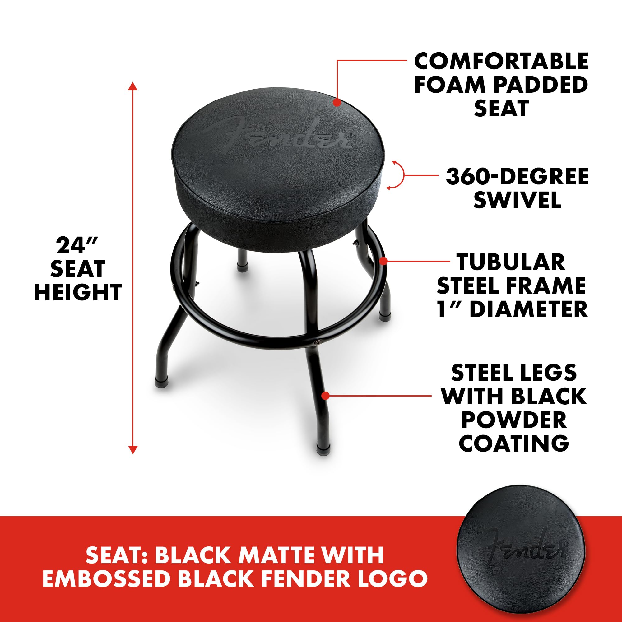 Fender Embossed Black Logo Swivel Barstool, Great Gifts For Dad, With 1 Year Limited Warranty, Simple Assembly, Black/Black, 24