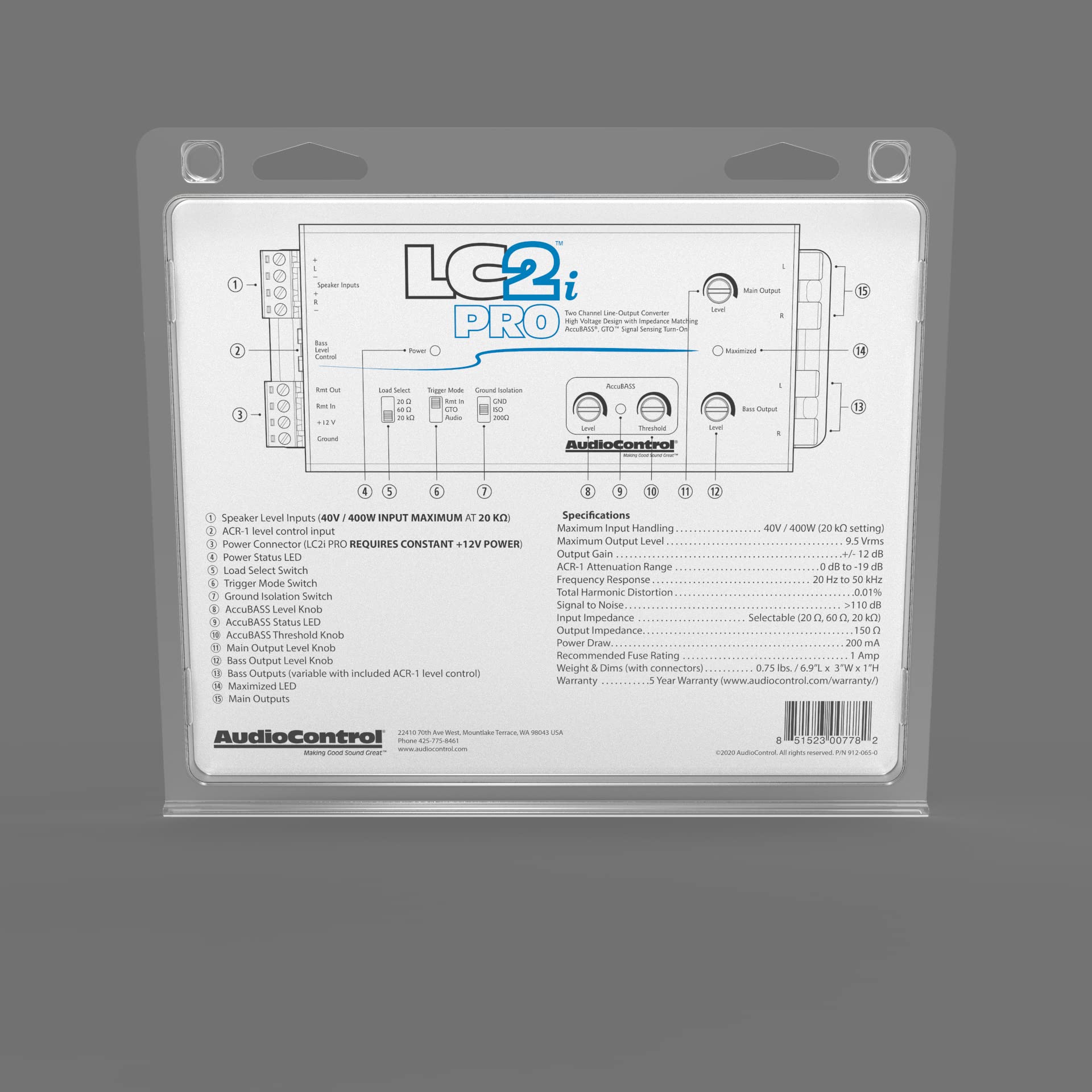 Audiocontrol Lc2I Pro 2 Channel Line Output Converter With Wireless Qi Universal Phone Charger Kit. Impedance Matching, Accubass, Gto, Audio Signal Sense, 12V Turn On And Acr 1 Dash Remote Sub Control