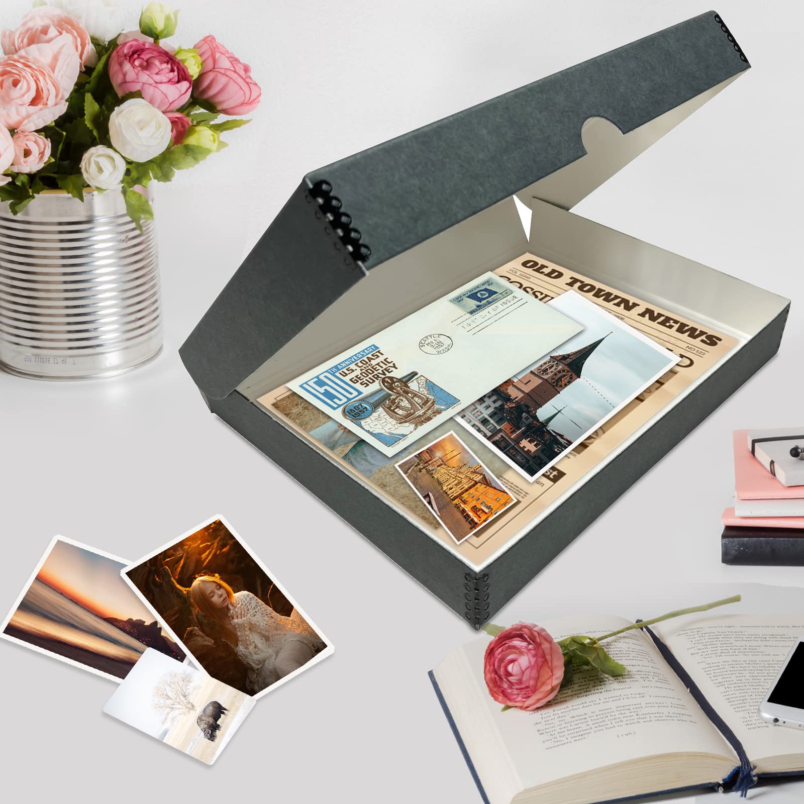 Lineco Folio Storage Box, Clamshell Design With Metal Edge. 9.5X12.5X1.75, Archival Boxboard, Preserve Photos, Prints, Cards, Magazines, Documents, Art, Ephemera, Family Records, Gray, Pack Of 2