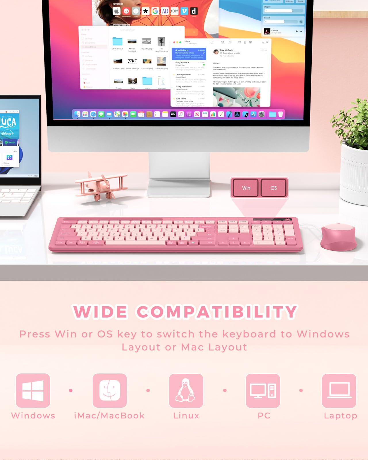 Wireless Keyboard And Mouse Set Rose Pink, Vivefox Wireless Keyboard With Phone Holder, Usb A & Type C Cute Keyboard And Mouse C
