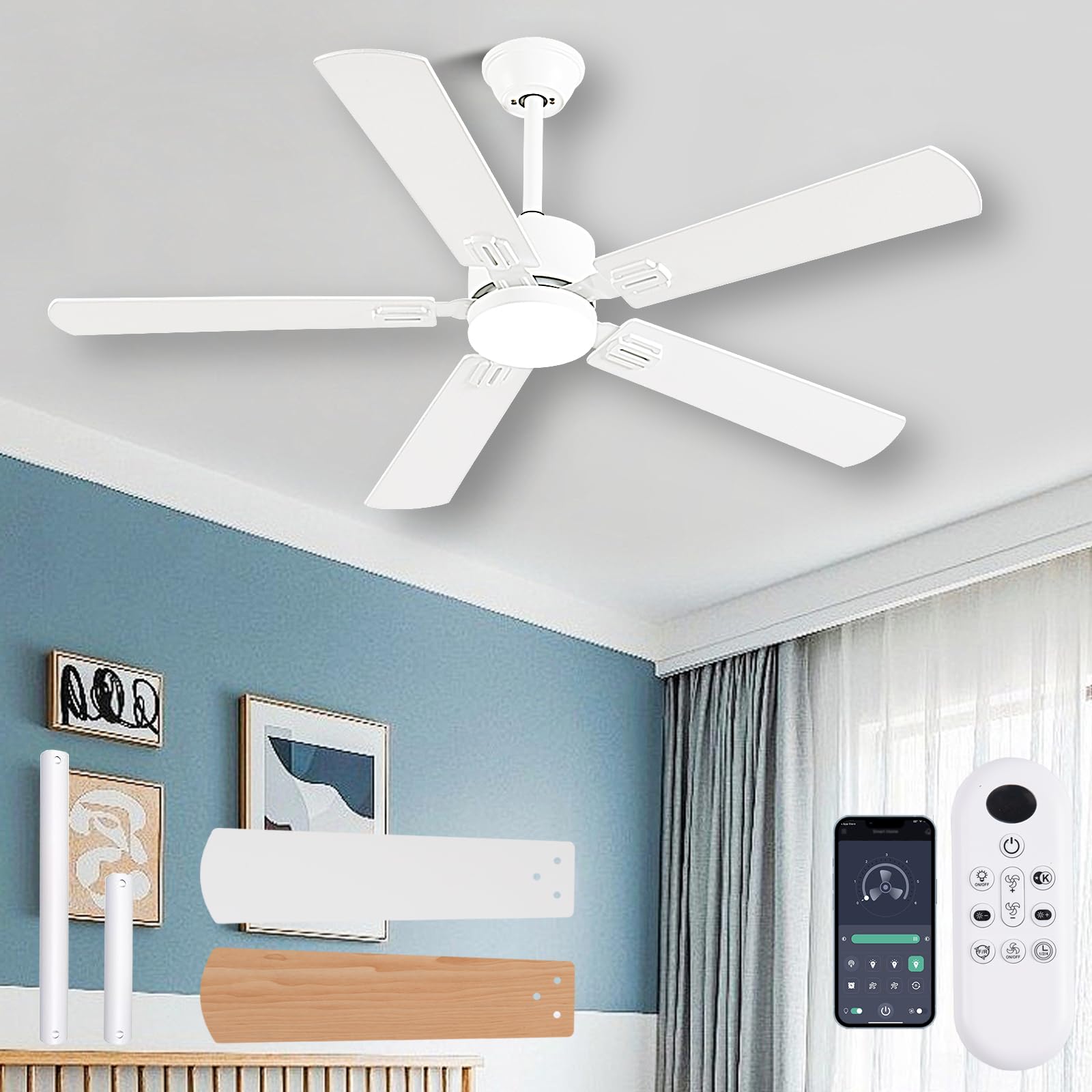 Fumltp 56Inch Modern White Ceiling Fans With Lights And Remote/App Control, Dimmable Led, Reversible Dc Motor, Noiseless, 6 Spee