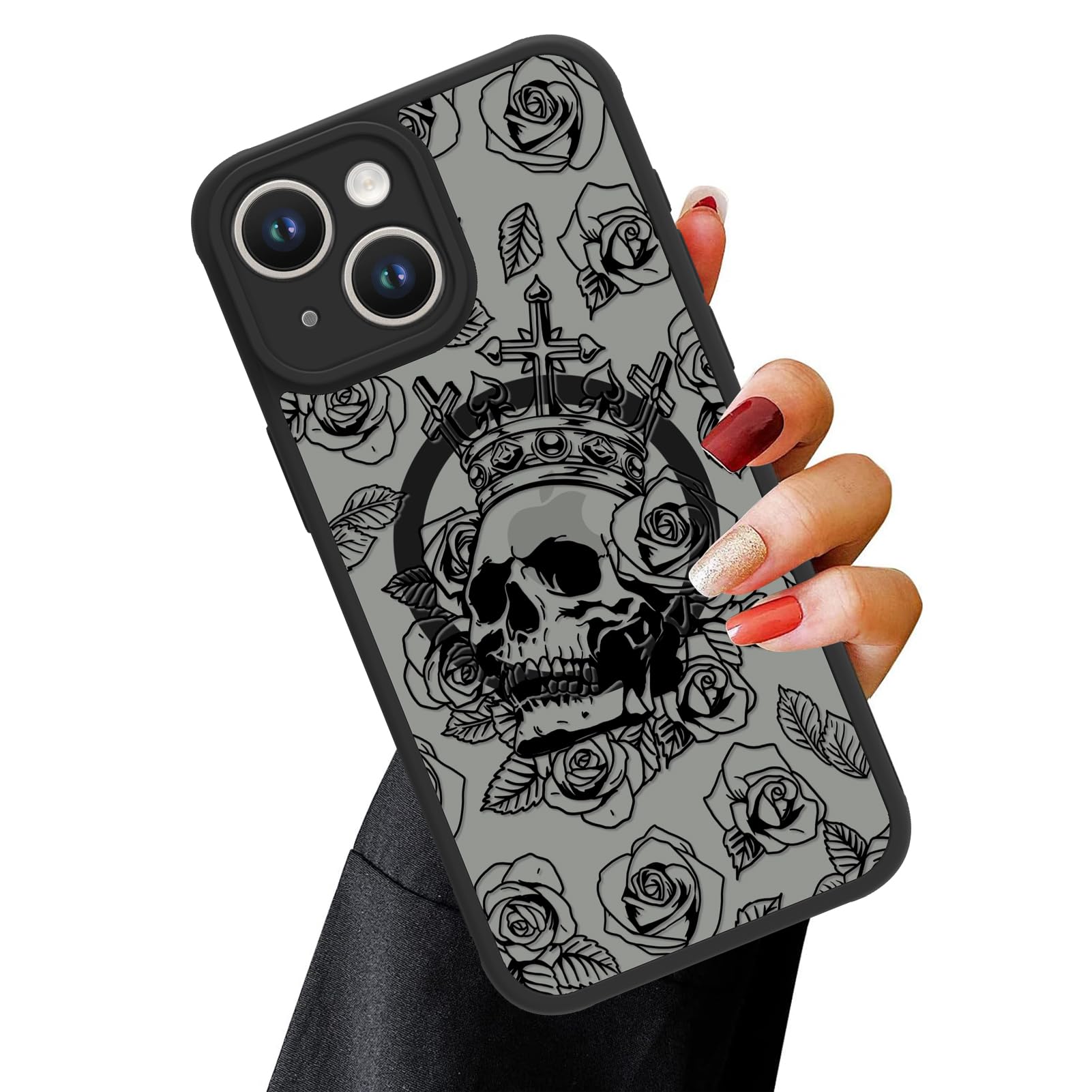 Ook Magnetic For Iphone 14 Case Black Skull Flower [Compatible With Magsafe] Slim Translucent Matte Camera Lens Protection Case