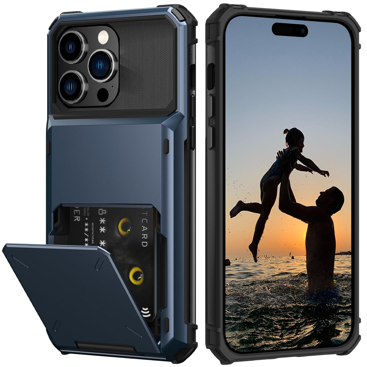 Nvollnoe For Iphone 15 Pro Max Case With Card Holder[Store 5 Cards] Dual Layer Heavy Duty Shockproof Wallet Case With Hidden Car