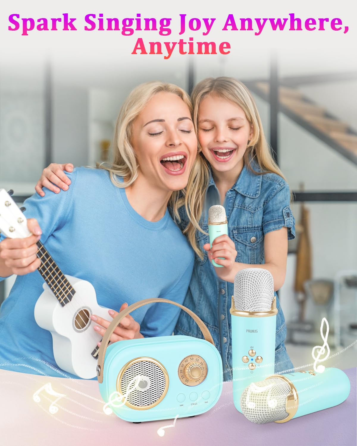 Prunus Mini Karaoke Machine For Kids&Adults,Portable Bluetooth Speaker With 2 Wireless Microphones And Stereo Sound Enhanced Bas
