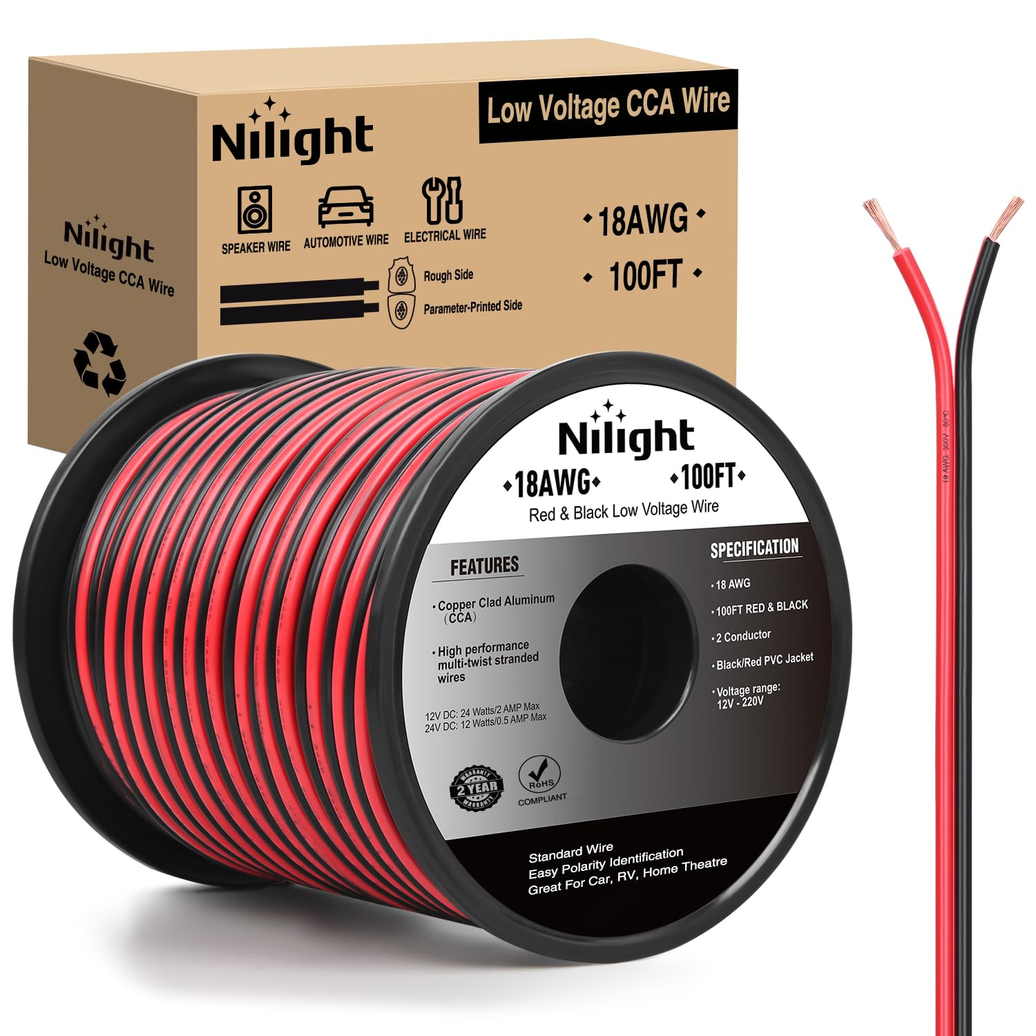 Nilight 100Ft 18Awg Copper Clad Aluminum Wire 18/2 Gauge Red Black Cca Electrical Cable 2 Conductor Parallel 12V/24V Dc Flexible