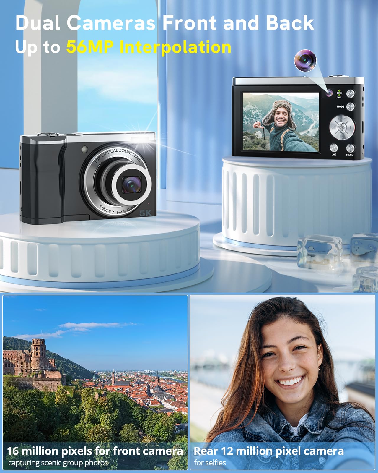 5K Digital Camera 2024 Newest 56Mp Cameras For Photography Autofocus,10X Optical Zoom Vlogging Compact Camera With Front And Rea