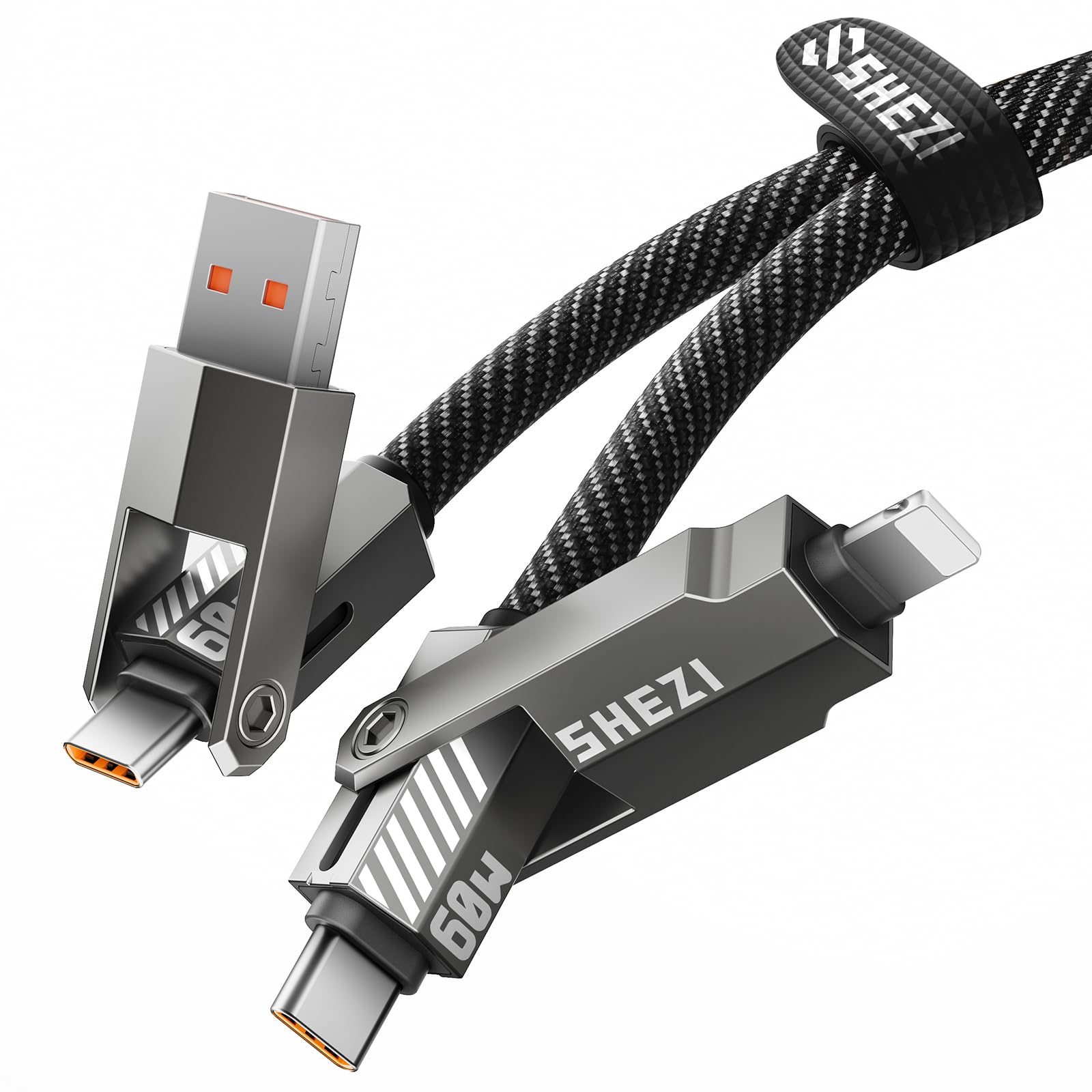 Shezi [Upgraded 4 In 1 60W 5Ft Usb C Cable Lightning Cable, Nylon Braided Fast Charging Iphone Ipad Charger Cord [480Mbps Data S