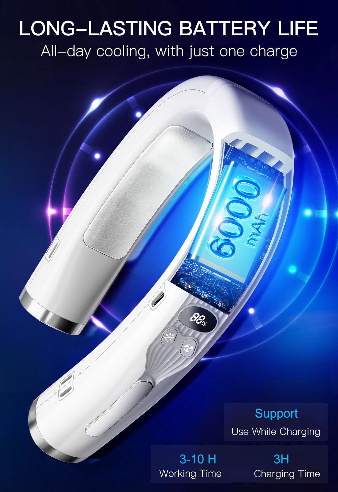 3 In 1 Neck Air Conditioner Portable, 6000Mah Neck Fan With 2 Metal Cooling Plates, Neck Fans That Blow Cold Air Rechargeable Wi