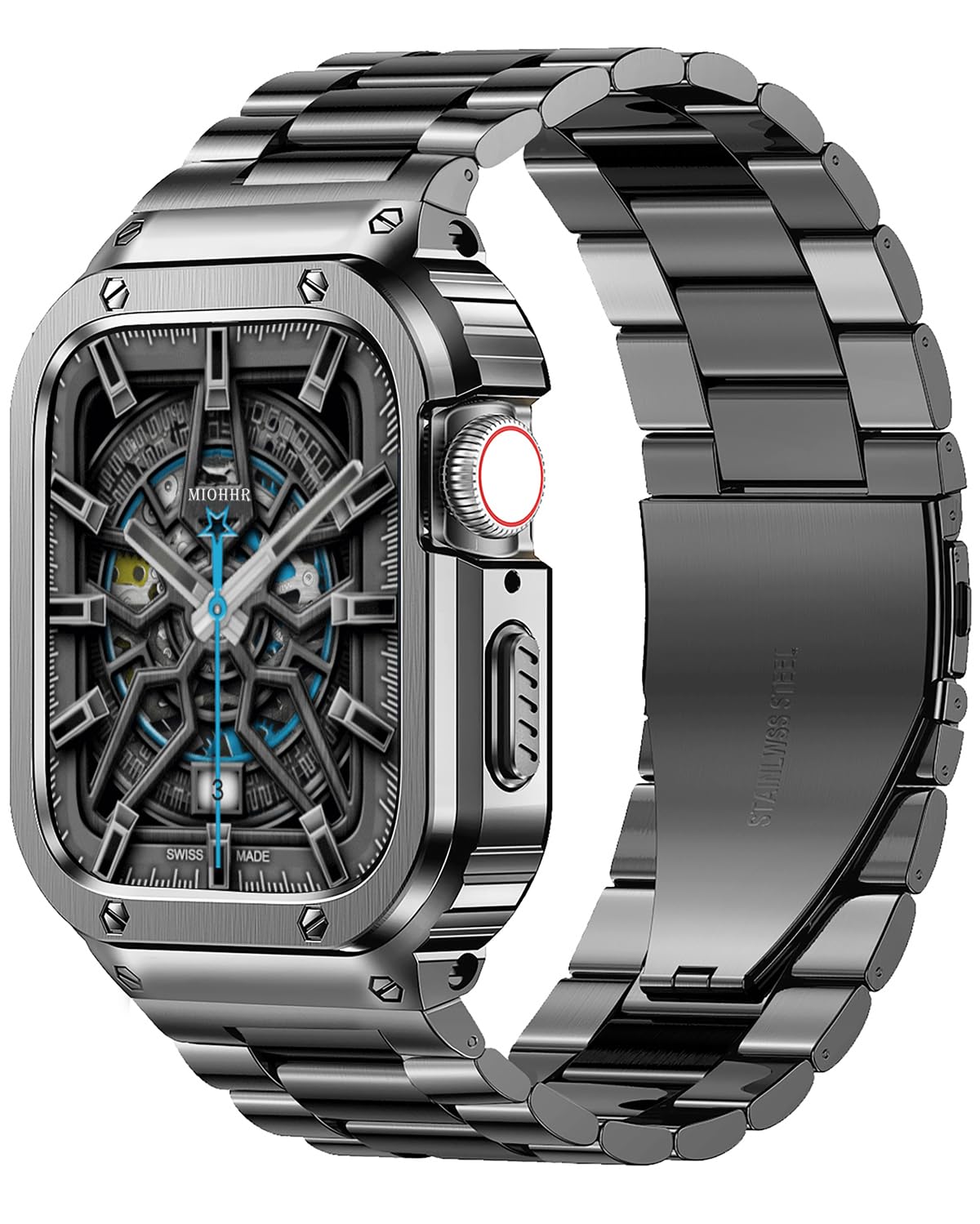 Miohhr Stainless Steel Band And Case Compatible With Apple Watch Band 41Mm 40Mm 38Mm, Men Metal Protective Bumper Cover For Iwat