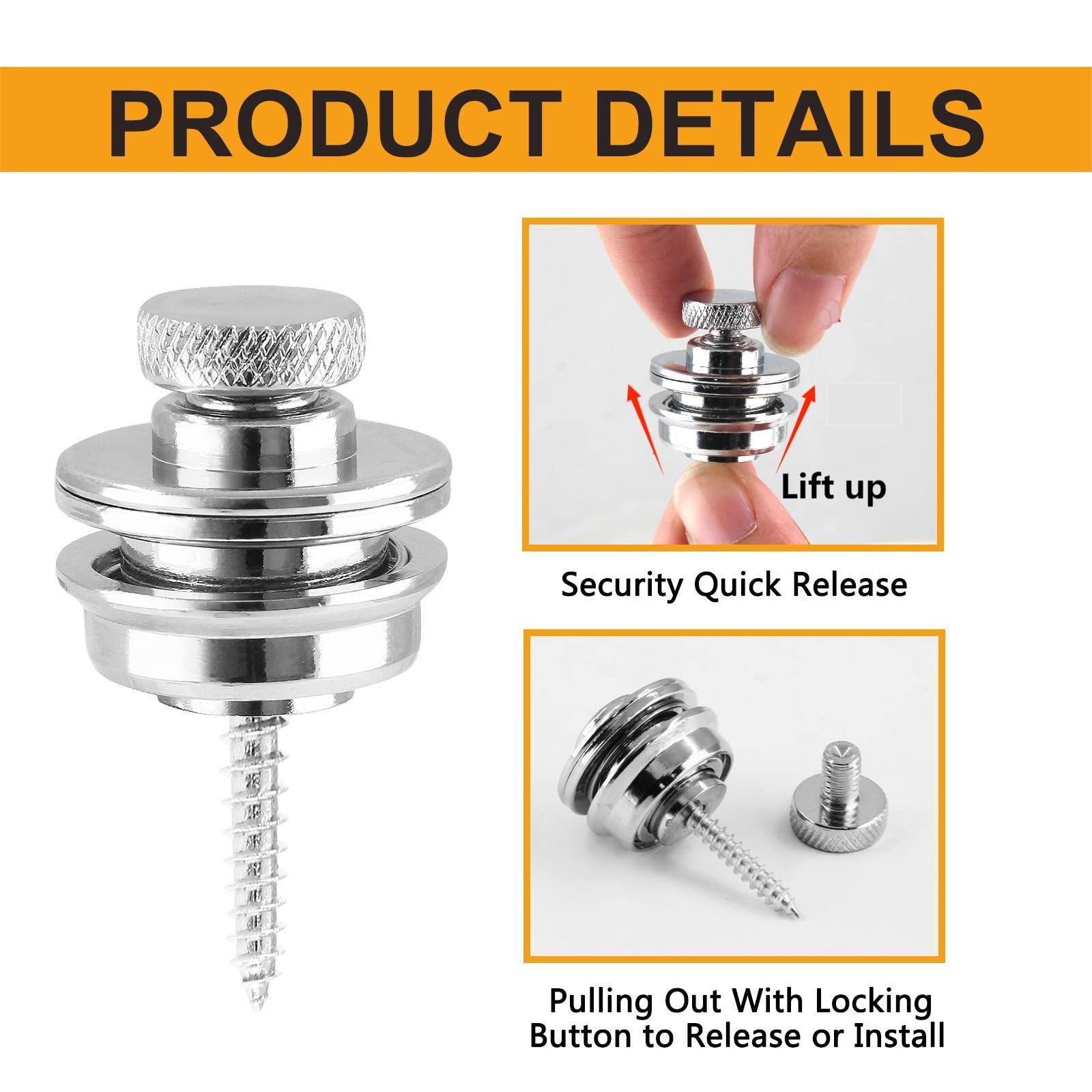 Lifcratms 2Pcs Guitar Strap Locks, Silver Metal Flat Round Head Straplocks, Buttons Security Quick Release Heavy Duty Strap Lock