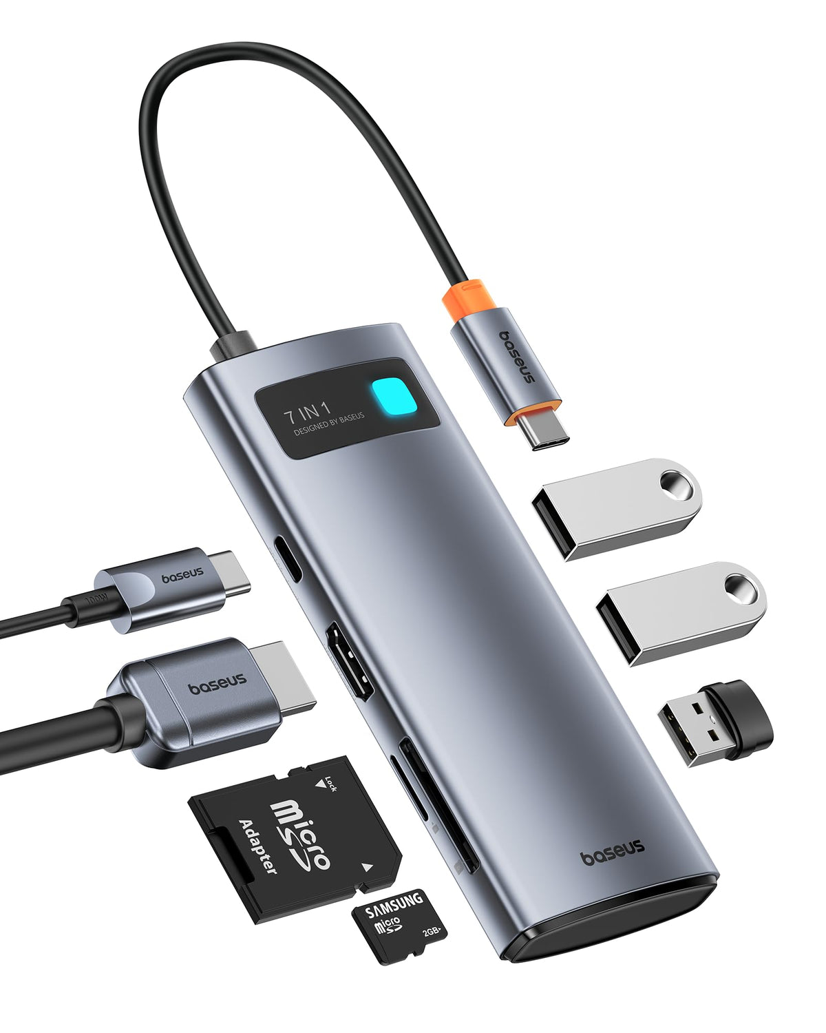 Baseus Usb C To Hdmi Adapter, 4K@60Hz Usb C Docking Station, 7 In 1 Usb C Hub With 3 Usb A, Pd 100W, Tf/Sd Card Reader, Usb C Dock Compatible For Iphone 15/Mac/Dell/Acer/Hp/Asus/Steam Deck/Rog Ally