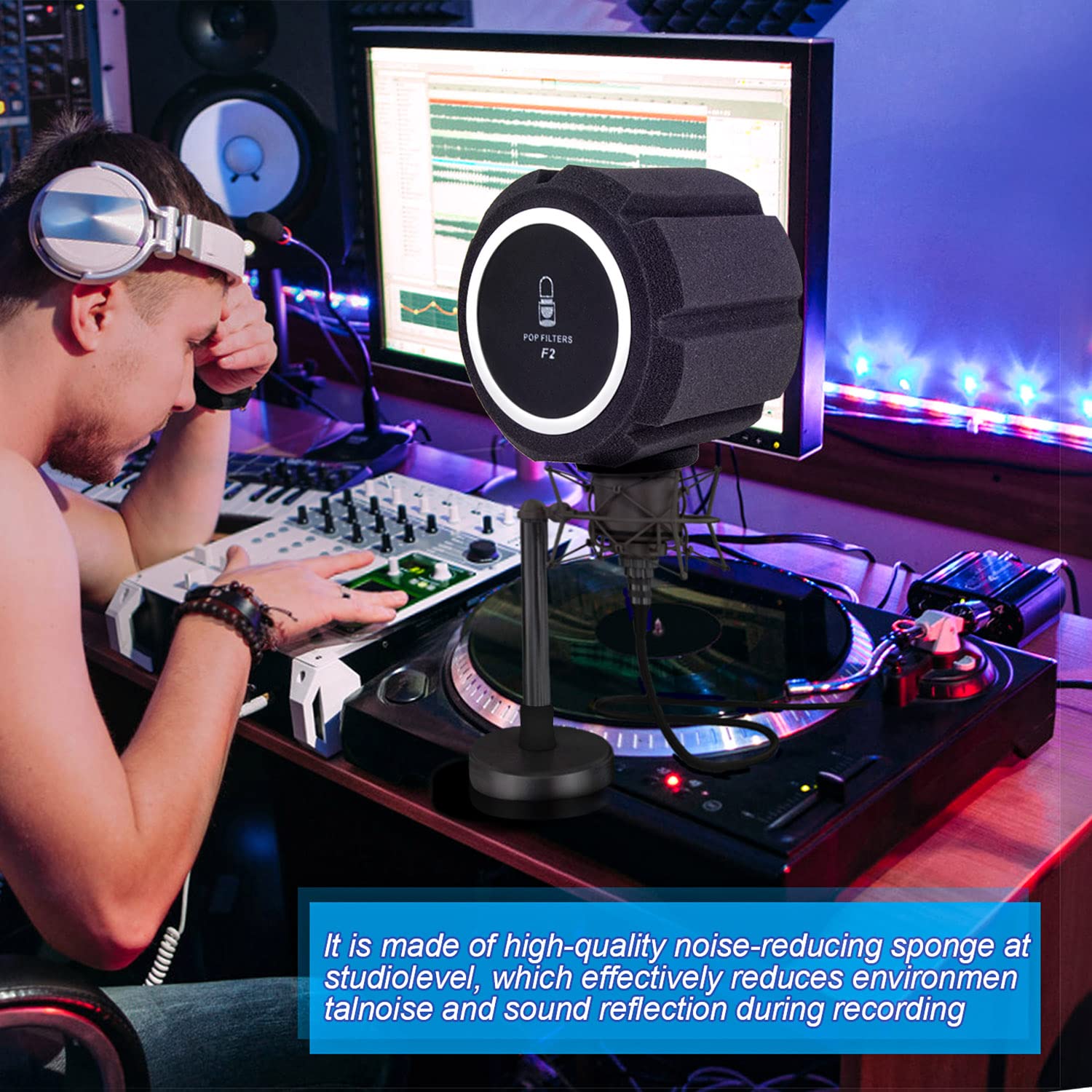 Facmogu Large Microphone Pop Filter Shield For Mic Stand, Microphone Foam Screen Pop Filter, Sound Absorbing Foam Windscreen Mic