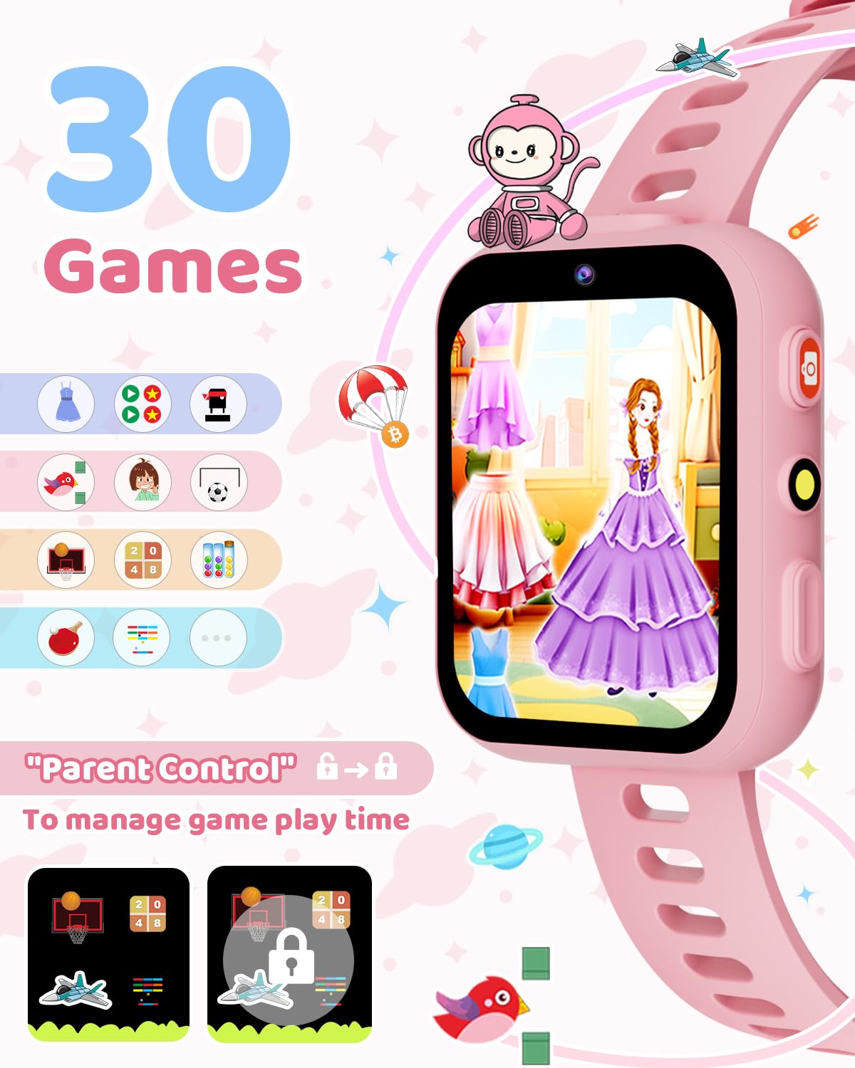 Tictiky Smart Watch For Kids, Kids Watch With 2 Cameras, 30 Puzzle Games, Learning Cards, Video Music Player, Audiobooks, Pedome