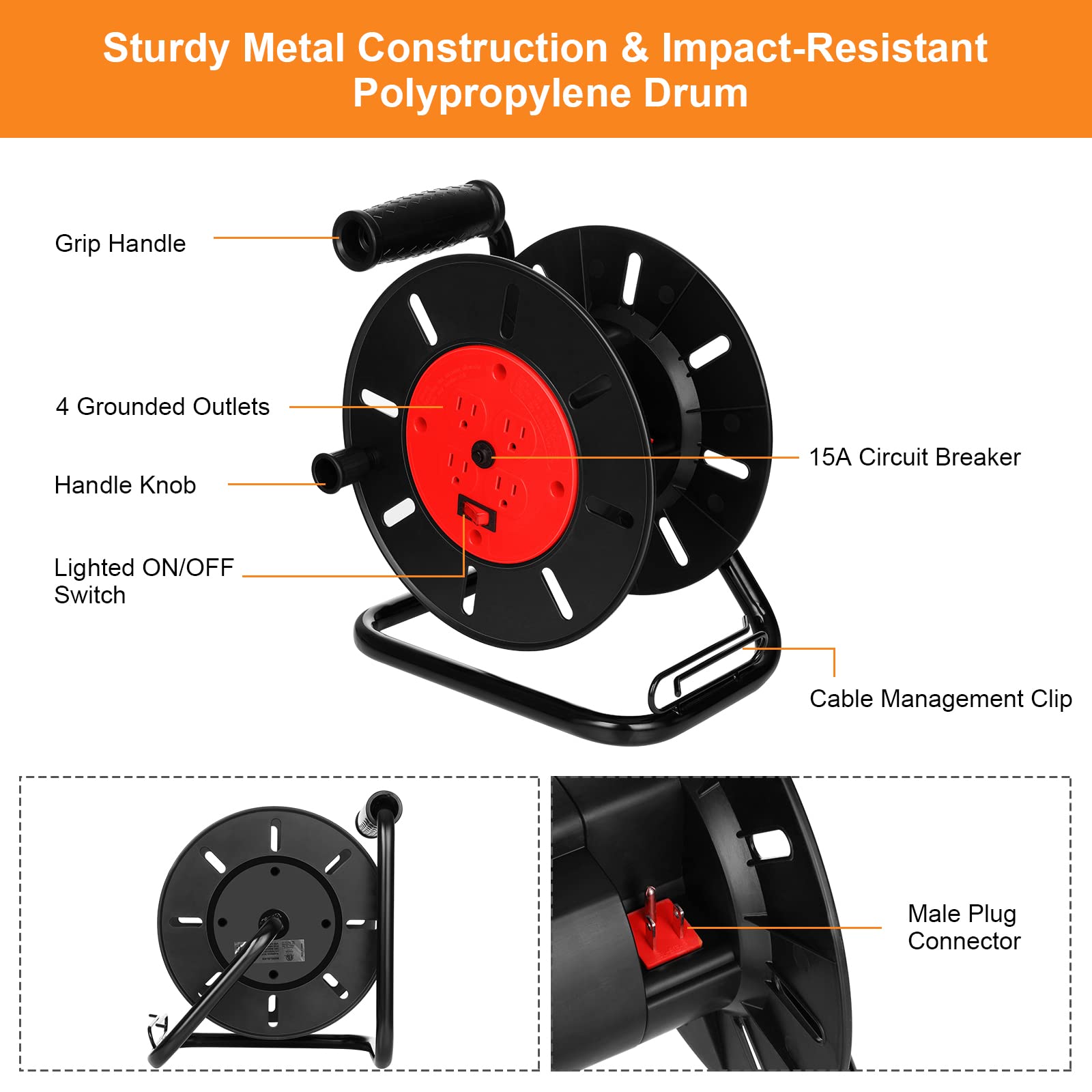 Suraielec Electric Cord Reel UACR004B, 4 Outlets, 15A Breaker, Hand Crank, Metal, Black, Holds 100ft 16/3 or 75ft 12/3 Gauge Cord