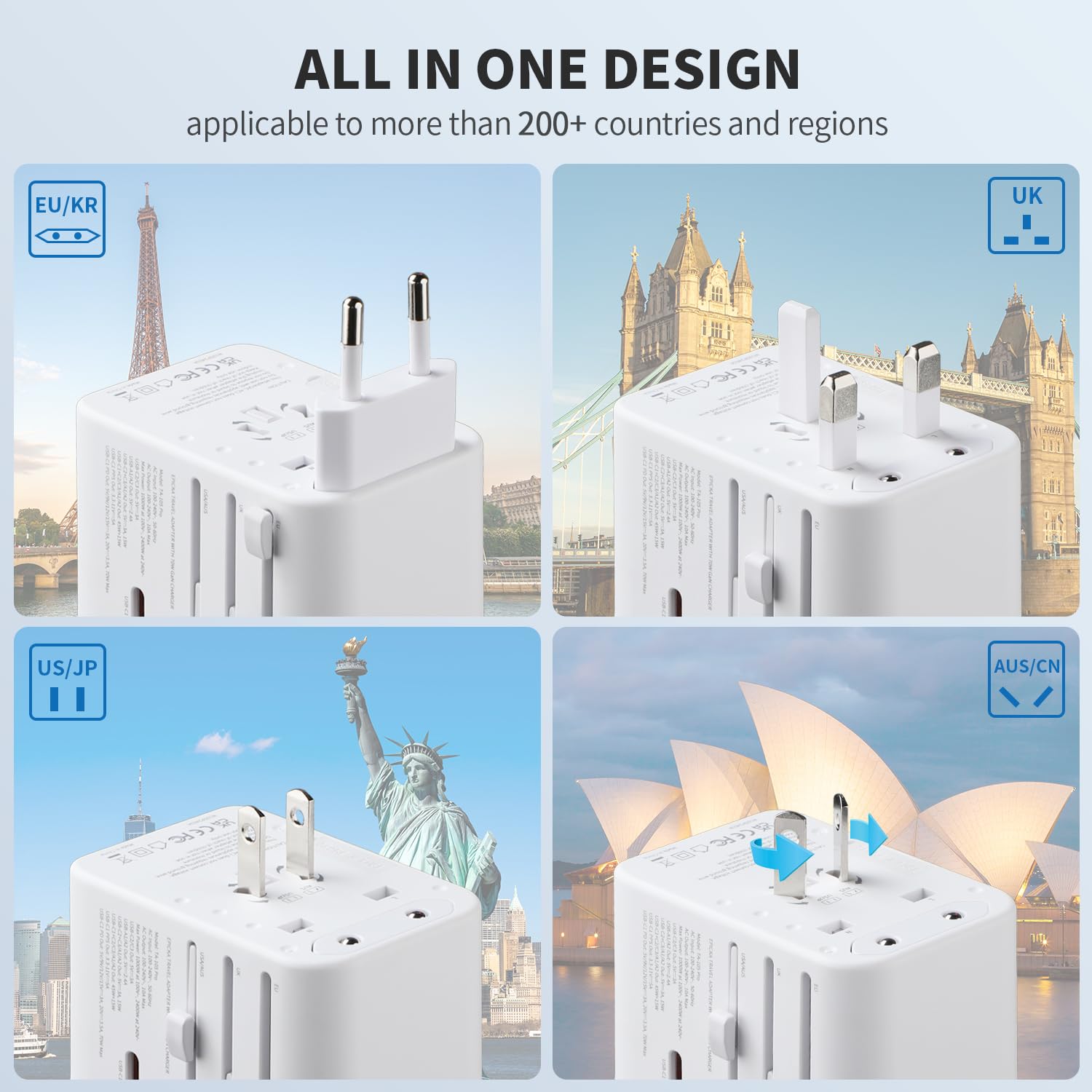 Epicka Universal Travel Adapter, Gan International Plug Adapter With 3 Usb C 70W Pd Fast Charging & 2 Usb A Adaptor All In One W