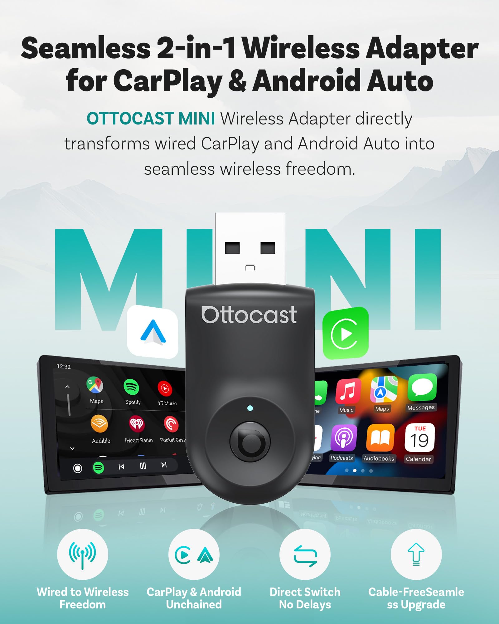 Ottocast Mini 2025 Wireless Carplay & Android Auto 2-In-1 Adapter, Plug & Play, 5Ghz Wifi, Auto Connect For Iphone & Android, Fi
