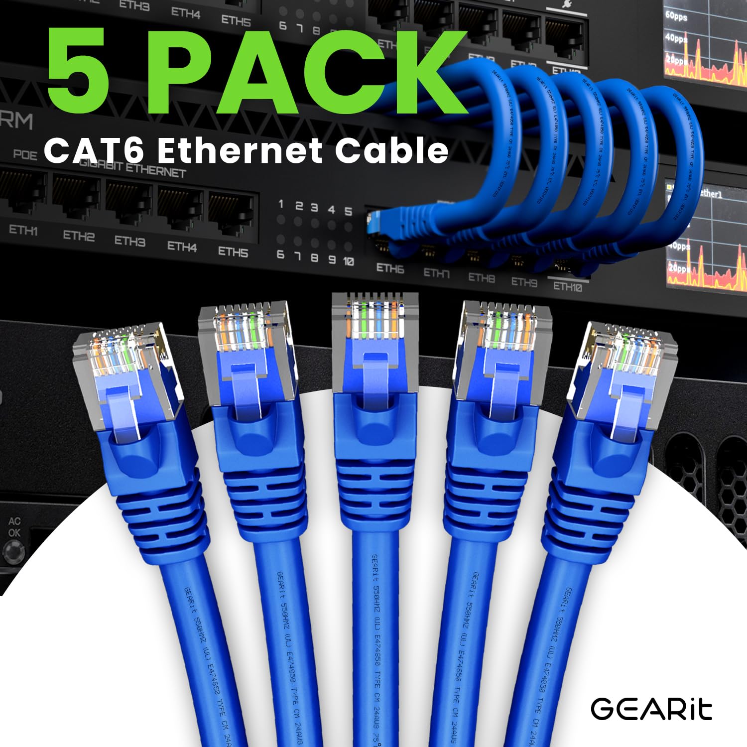 Gearit 5 Pack, Cat 6 Ethernet Cable Cat6 Snagless Patch 75 Feet   Computer Lan Network Cord, Blue   Compatible With 5 Port Switc