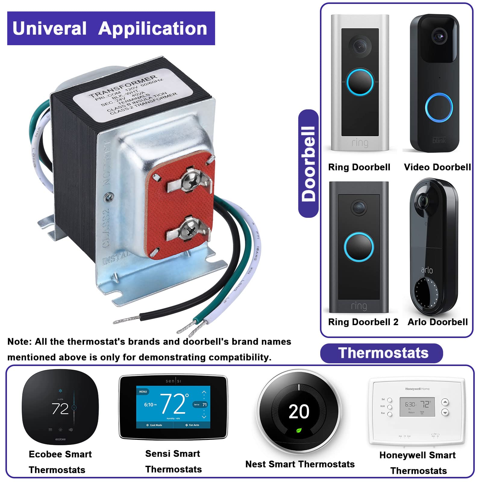 GIVEUBED Doorbell Transformer 24V 40VA AC Power Supply - Hardwired, Multicolored Plastic Adapter