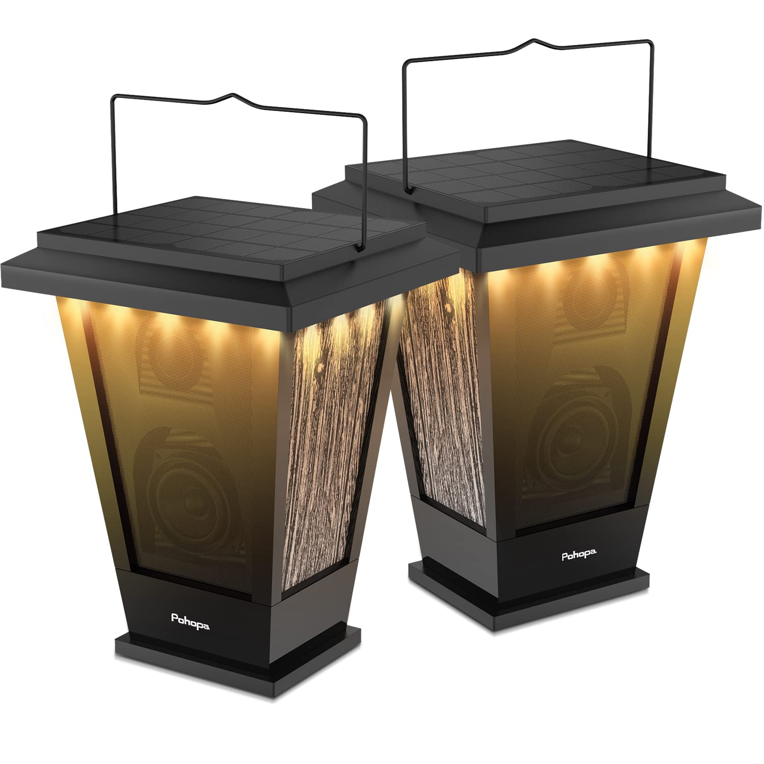 Pohopa Bluetooth Speakers Waterproof, Solar Powered 2 Packs True Wireless Stereo Sound 20W Speakers Dual Pairing Lantern Indoor Outdoor Speakers With 20 Piece Led Lights, Richer Bass, Black